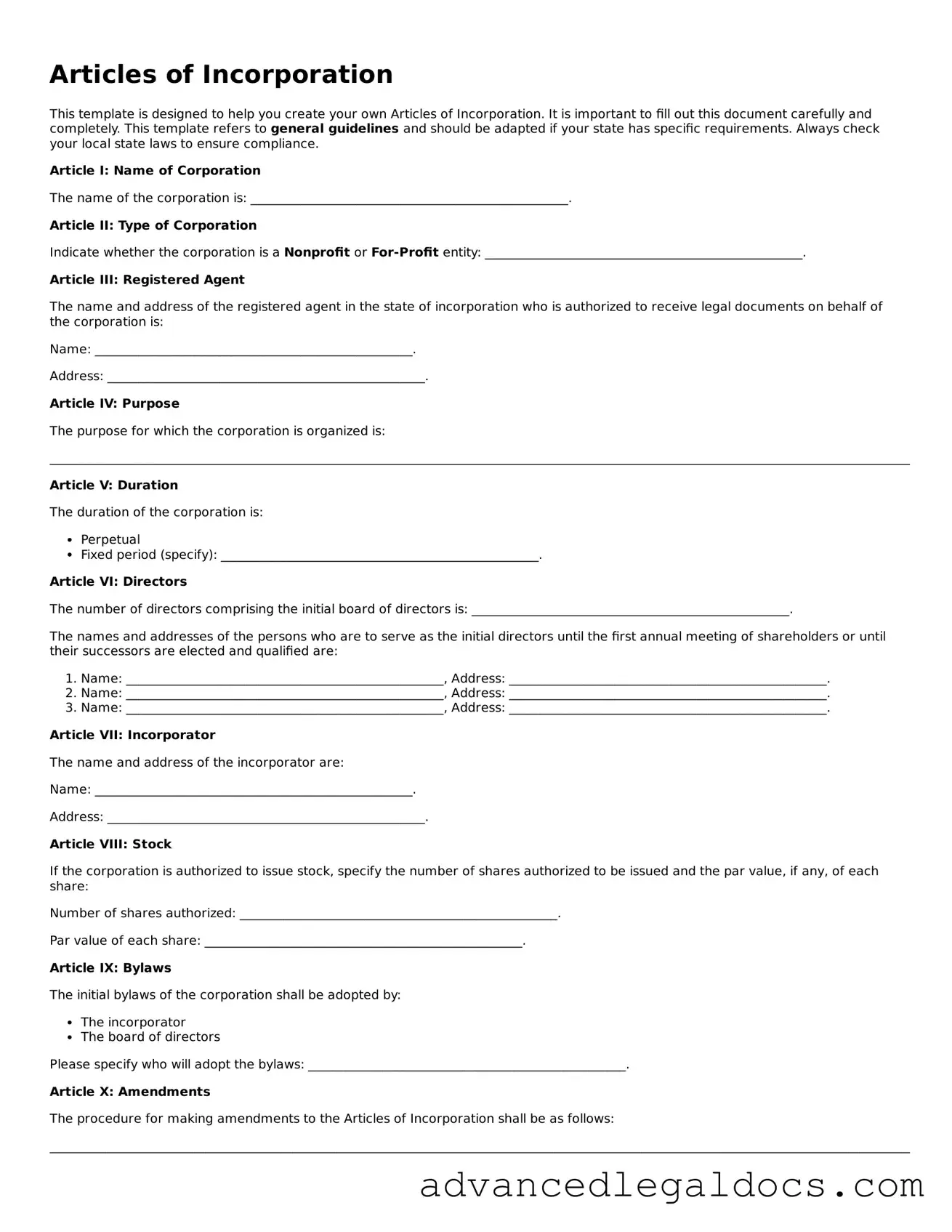 Blank Articles of Incorporation Template