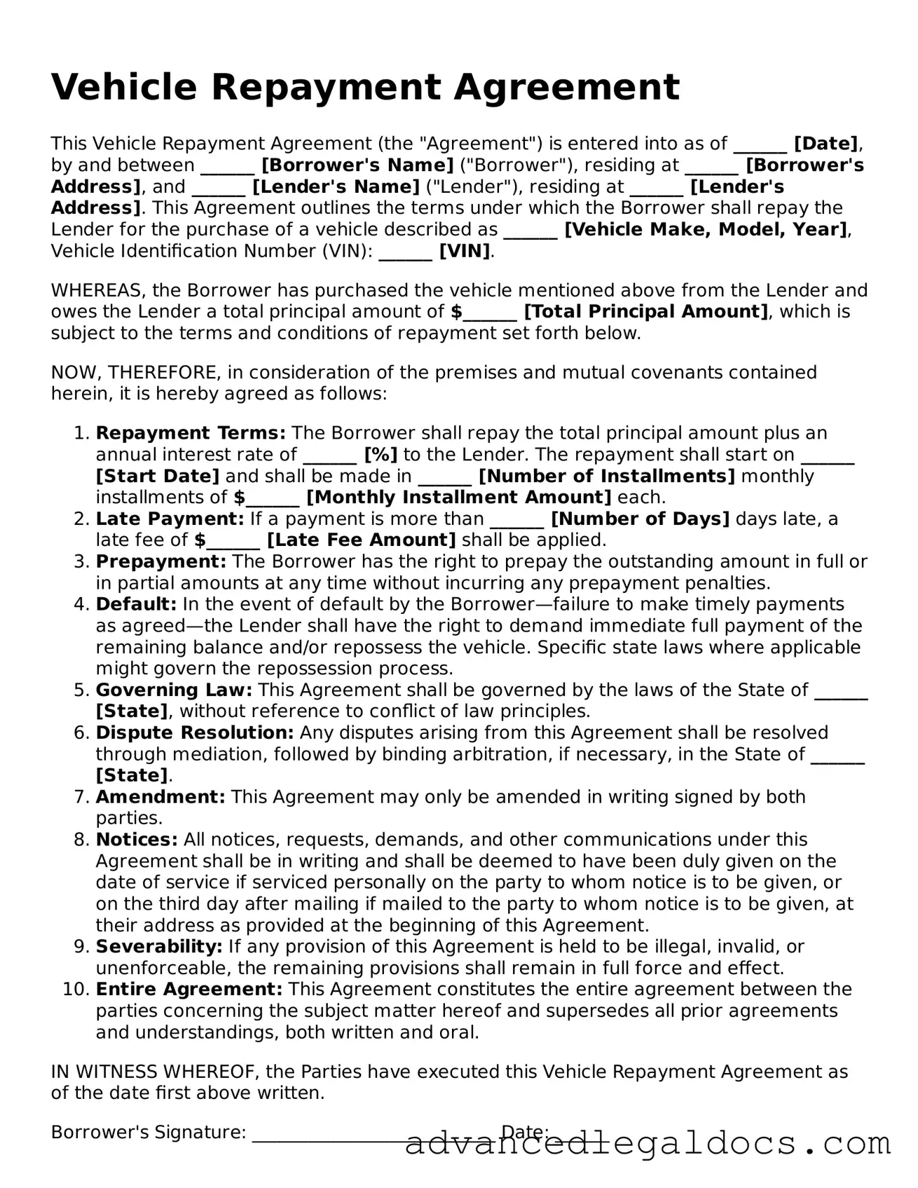 Blank Vehicle Repayment Agreement Template