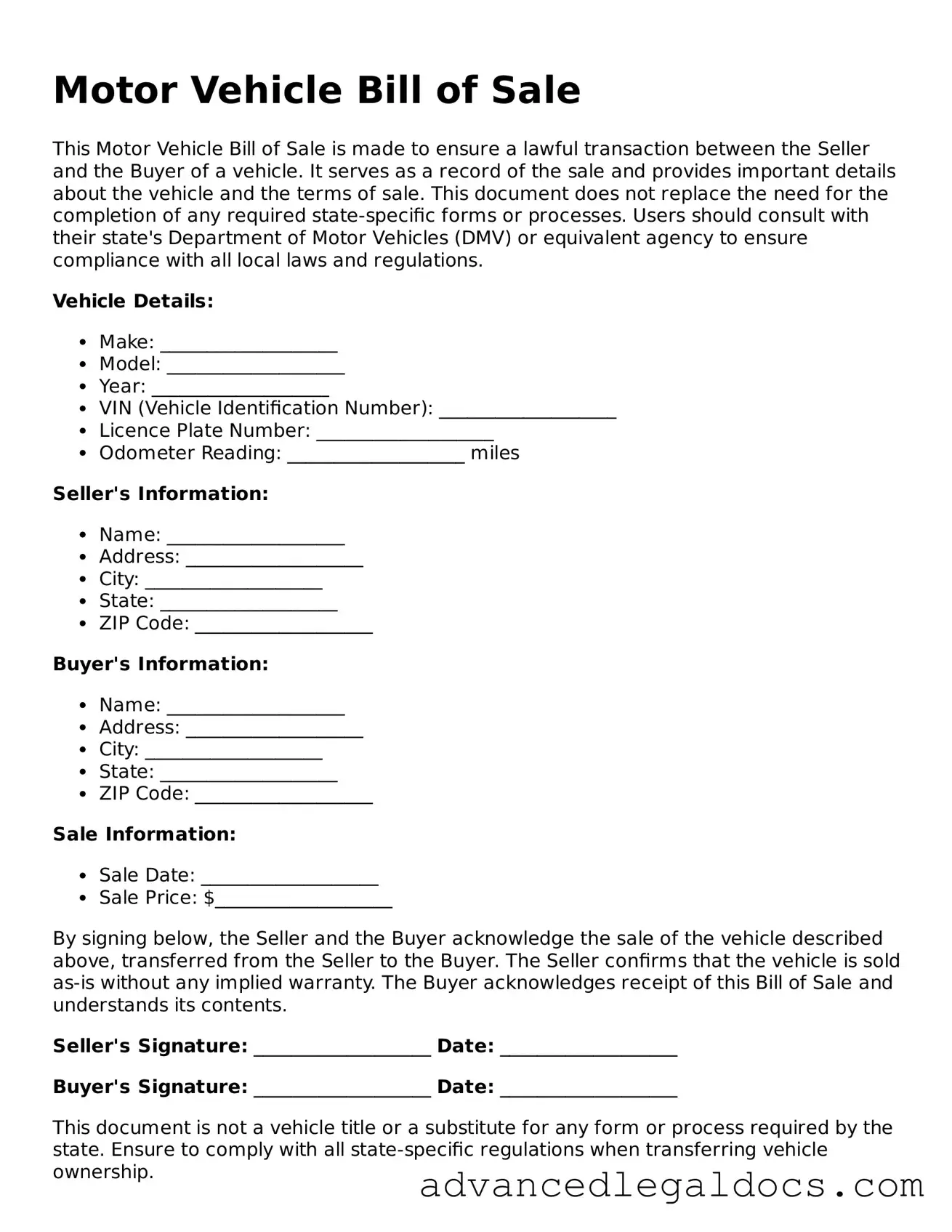 Blank Motor Vehicle Bill of Sale Template