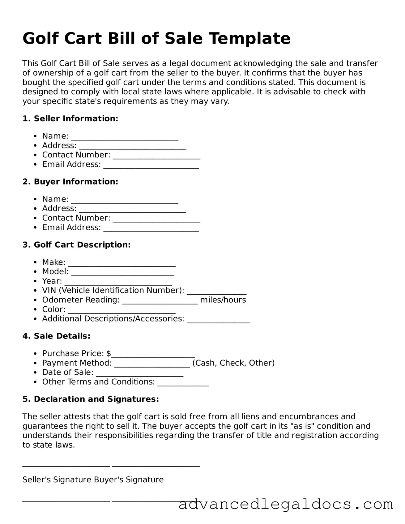 Blank Golf Cart Bill of Sale Template