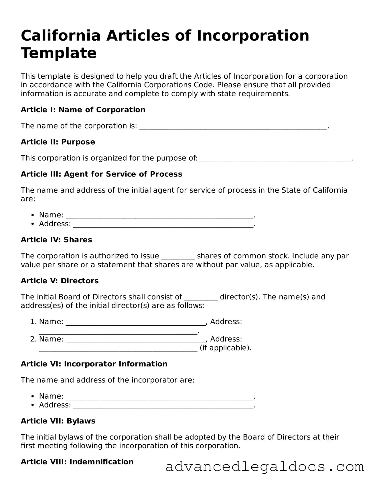 Fillable Articles of Incorporation Form for California State