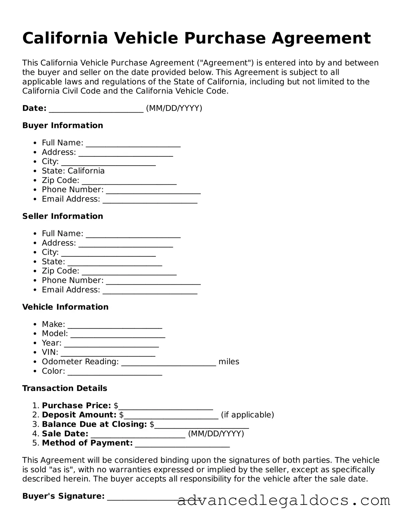 Fillable Vehicle Purchase Agreement Form for California State