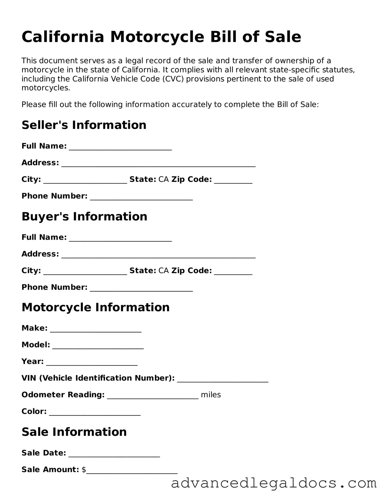 Fillable Motorcycle Bill of Sale Form for California State