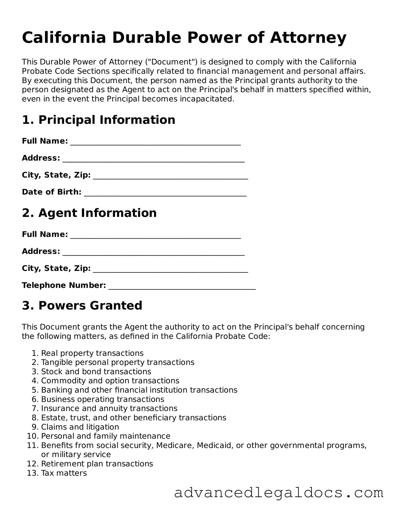 Fillable Durable Power of Attorney Form for California State