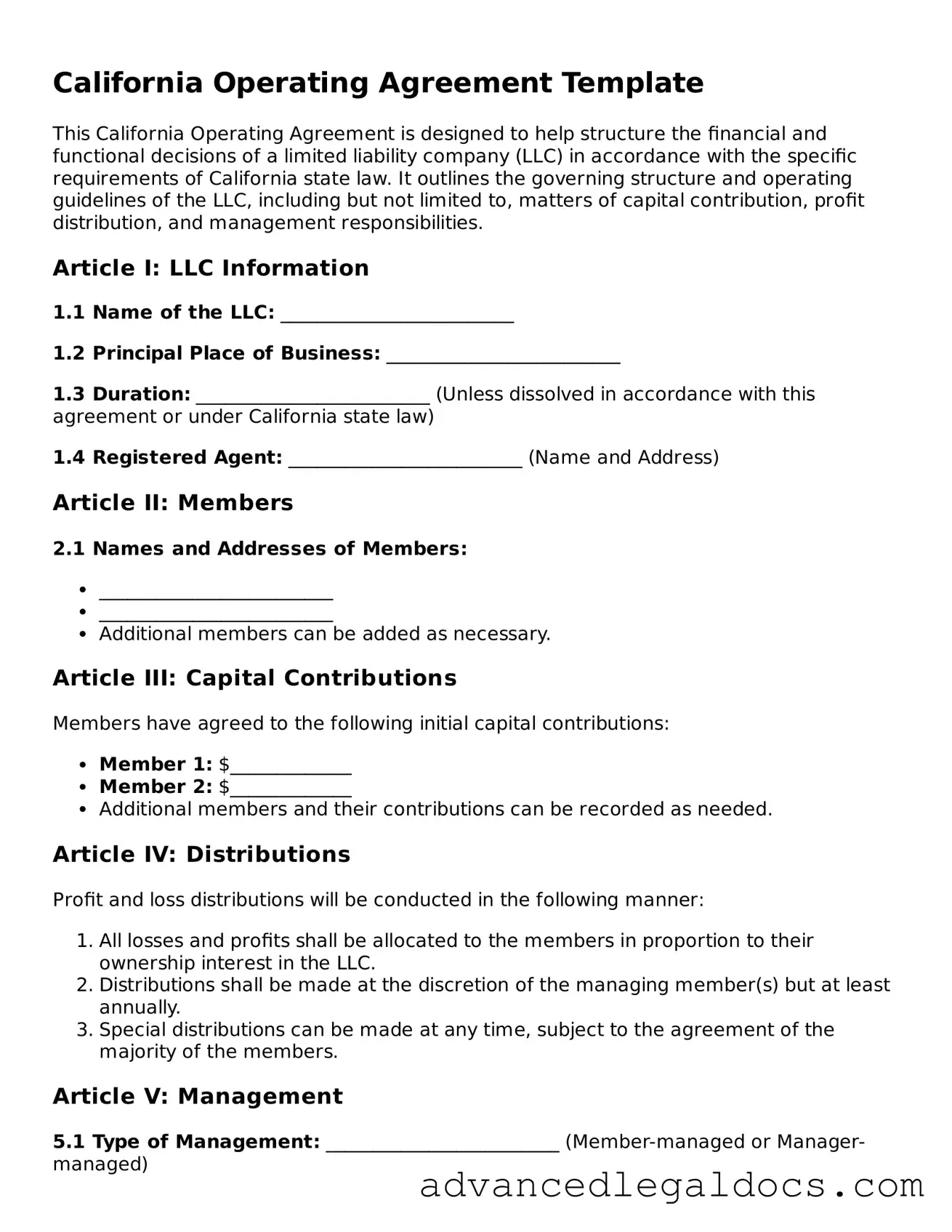 Fillable Operating Agreement Form for California State