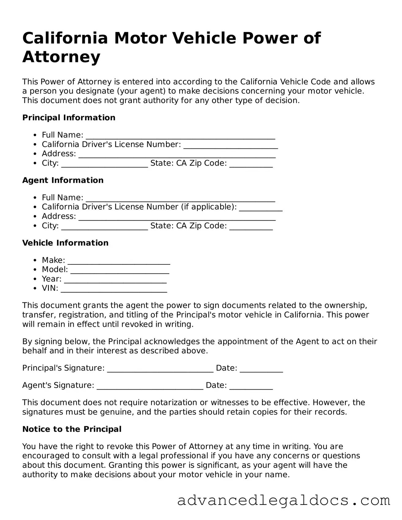 Fillable Motor Vehicle Power of Attorney Form for California State