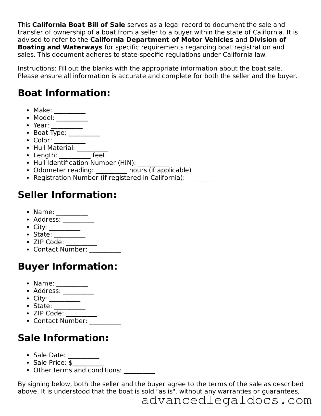 Fillable Boat Bill of Sale Form for California State