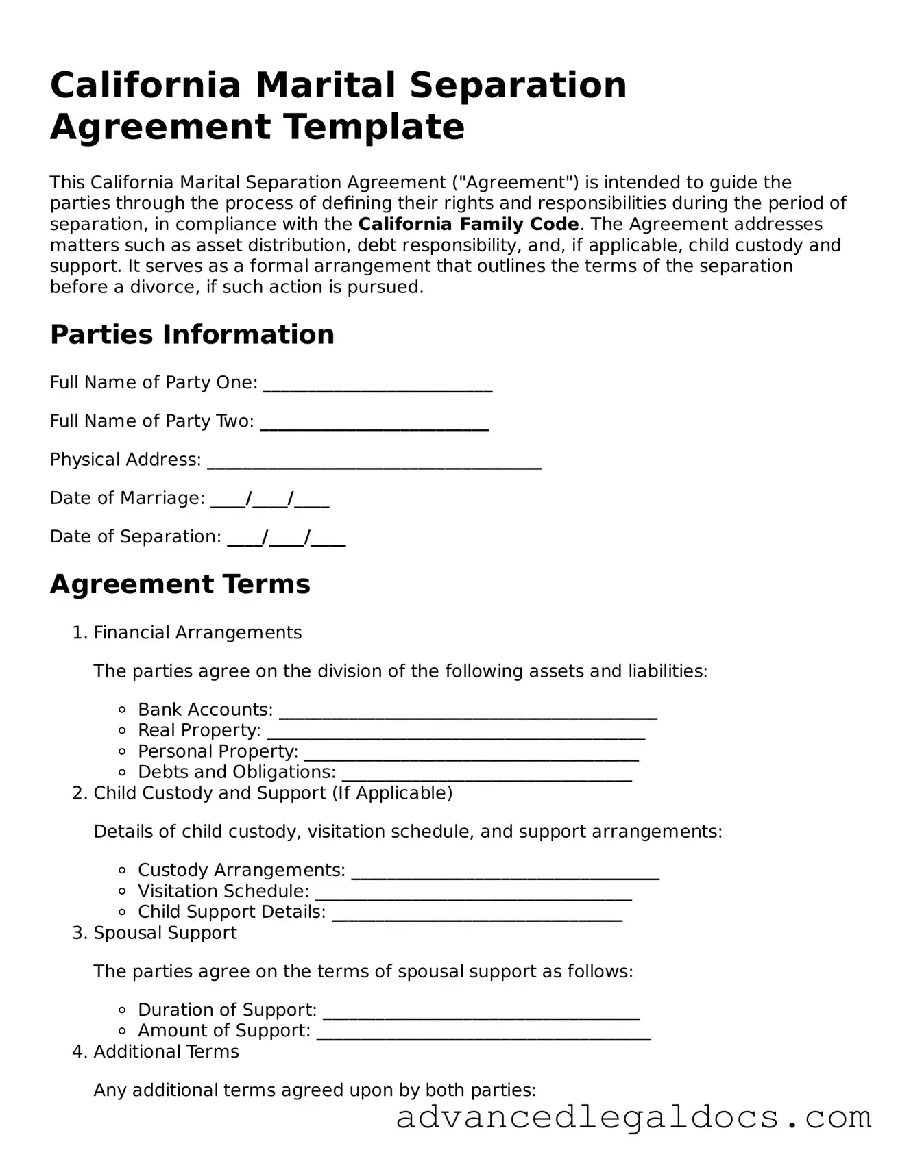 Fillable Marital Separation Agreement Form for California State