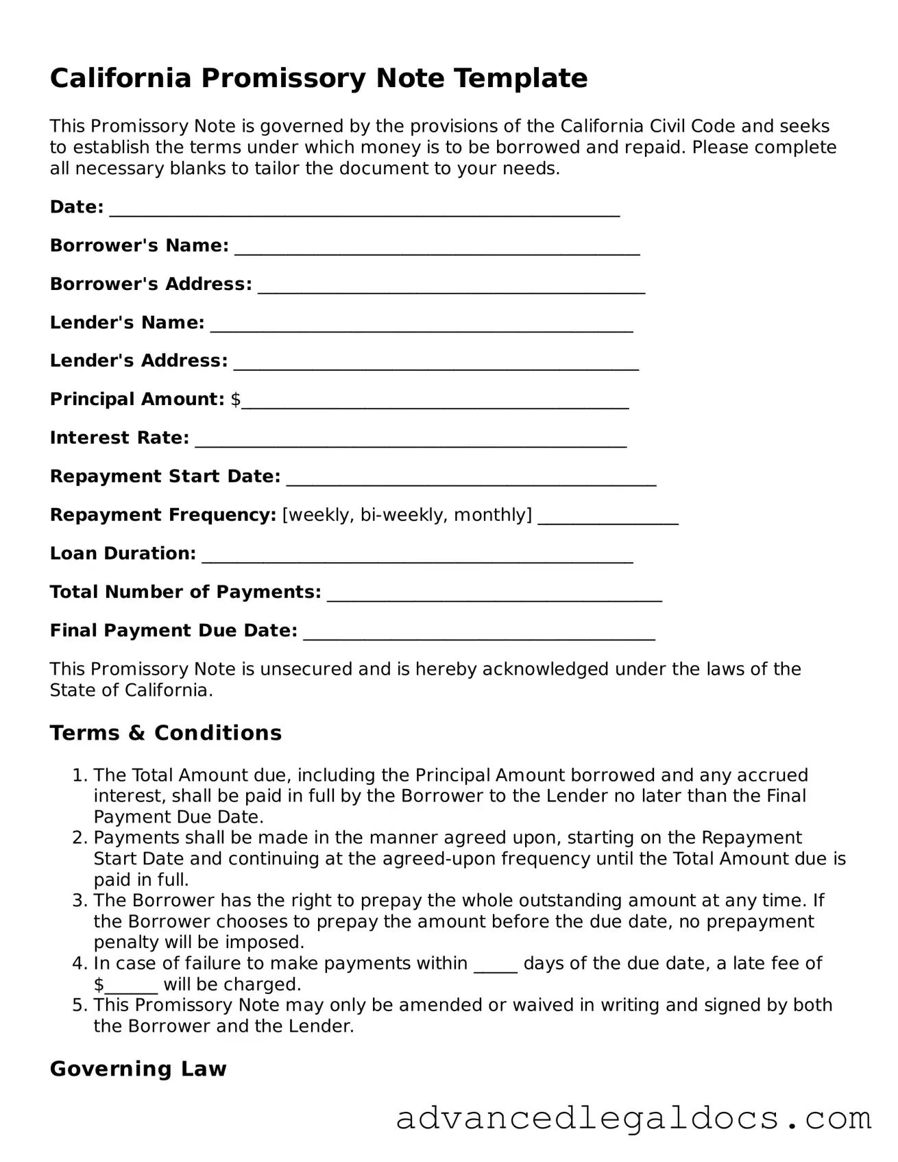 Fillable Promissory Note Form for California State