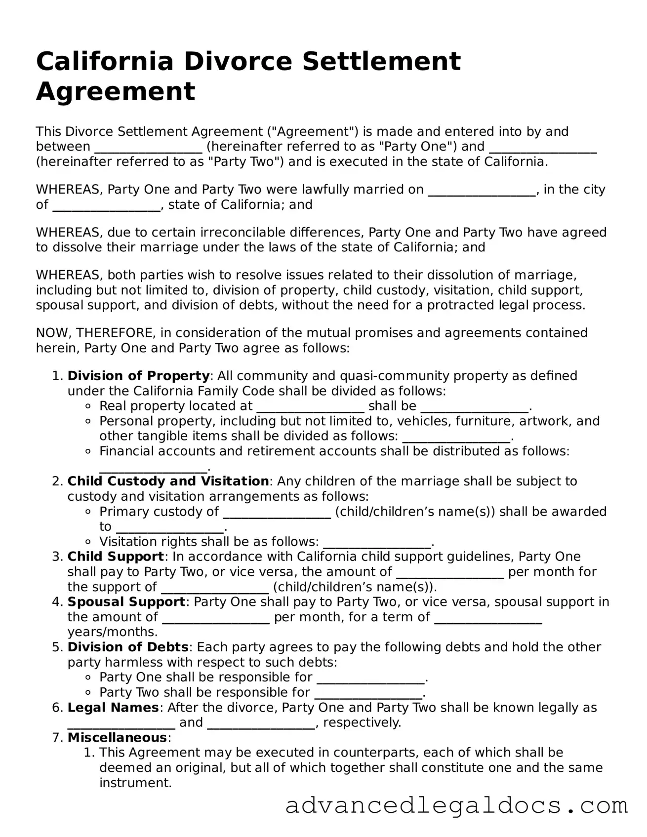 Fillable Divorce Settlement Agreement Form for California State