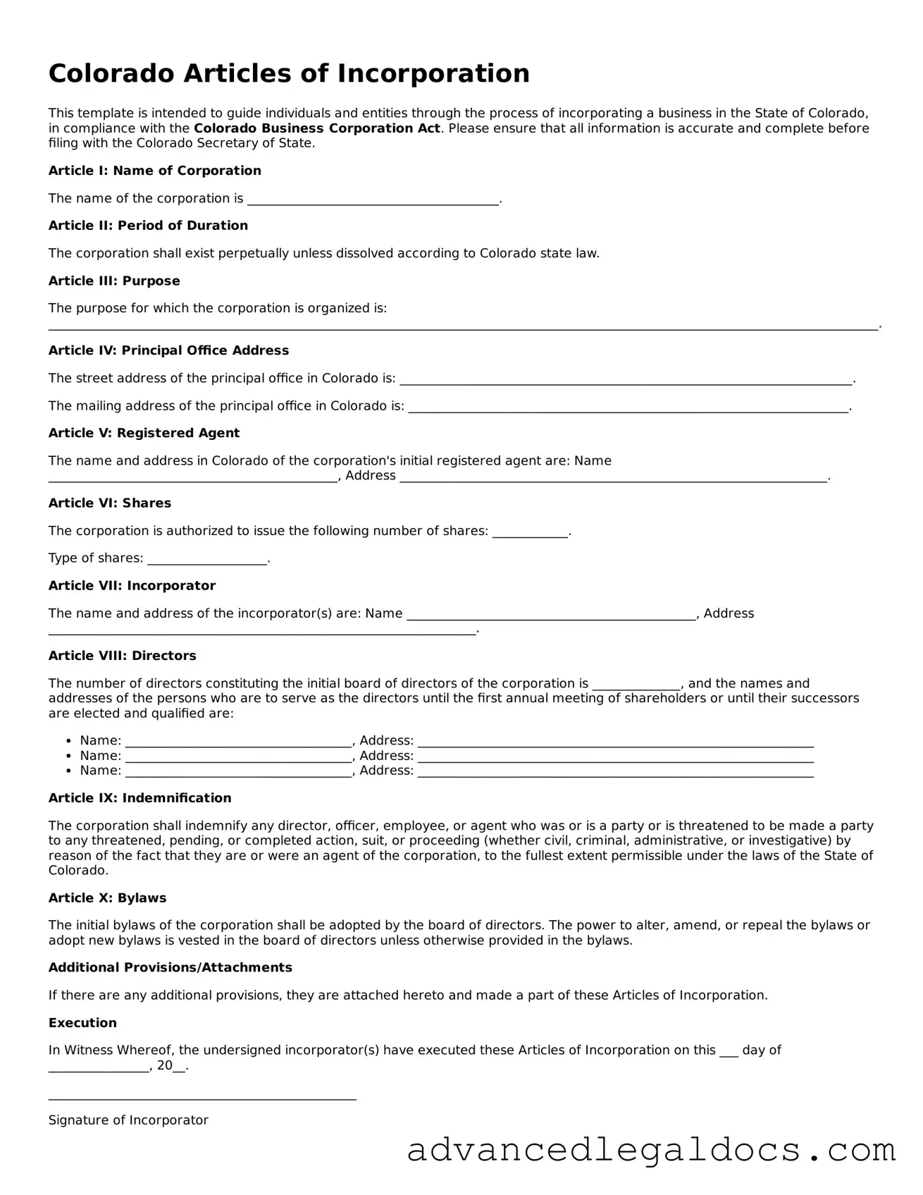 Fillable Articles of Incorporation Form for Colorado State