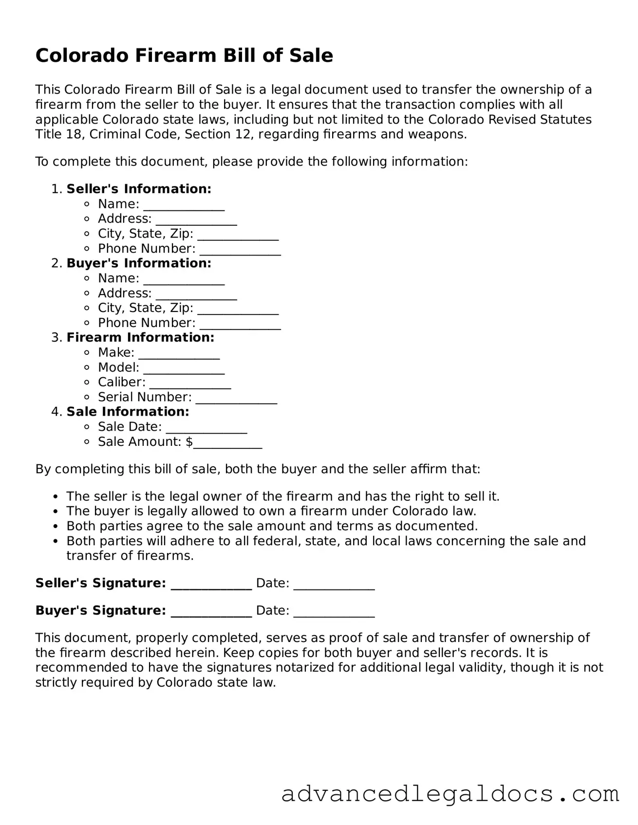 Fillable Firearm Bill of Sale Form for Colorado State