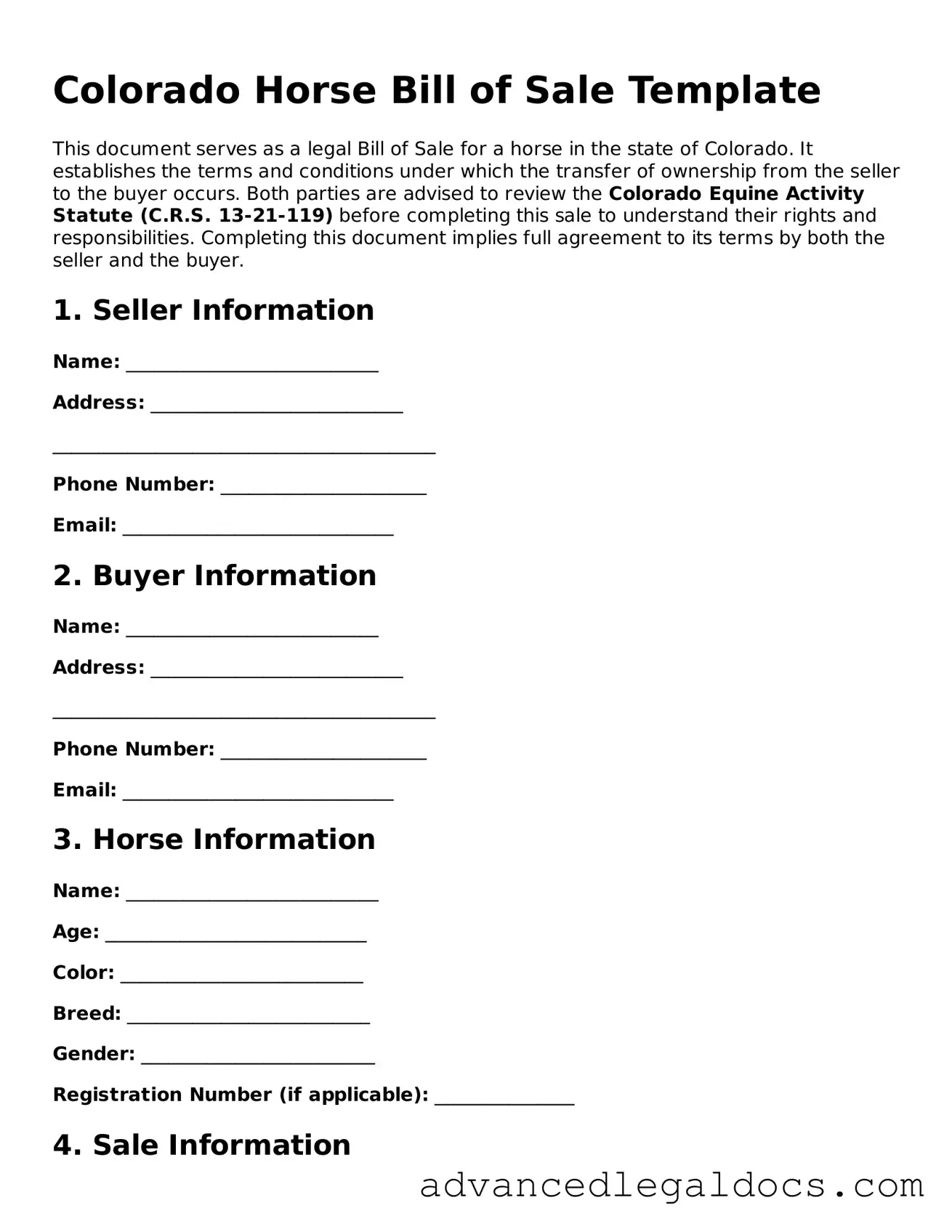 Fillable Horse Bill of Sale Form for Colorado State