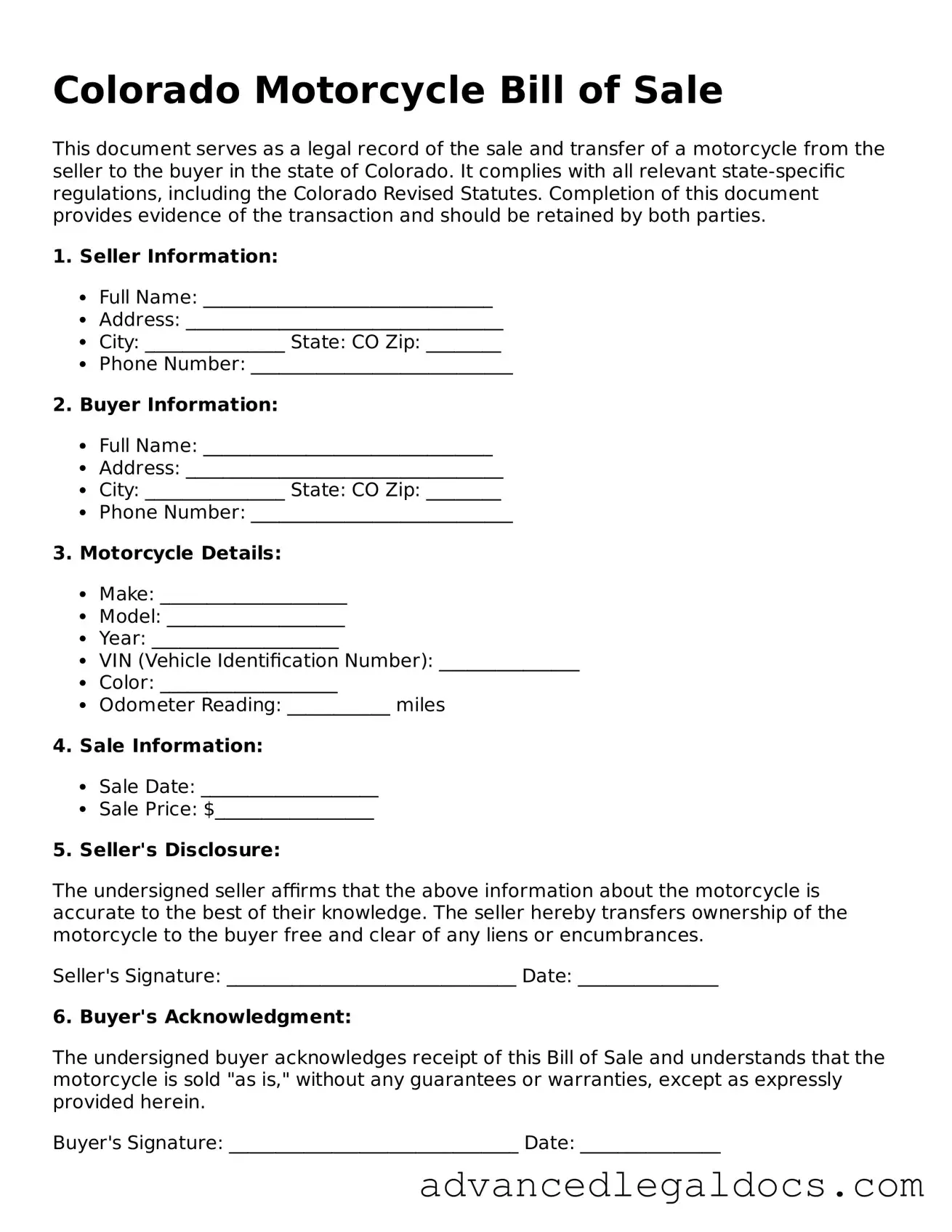 Fillable Motorcycle Bill of Sale Form for Colorado State