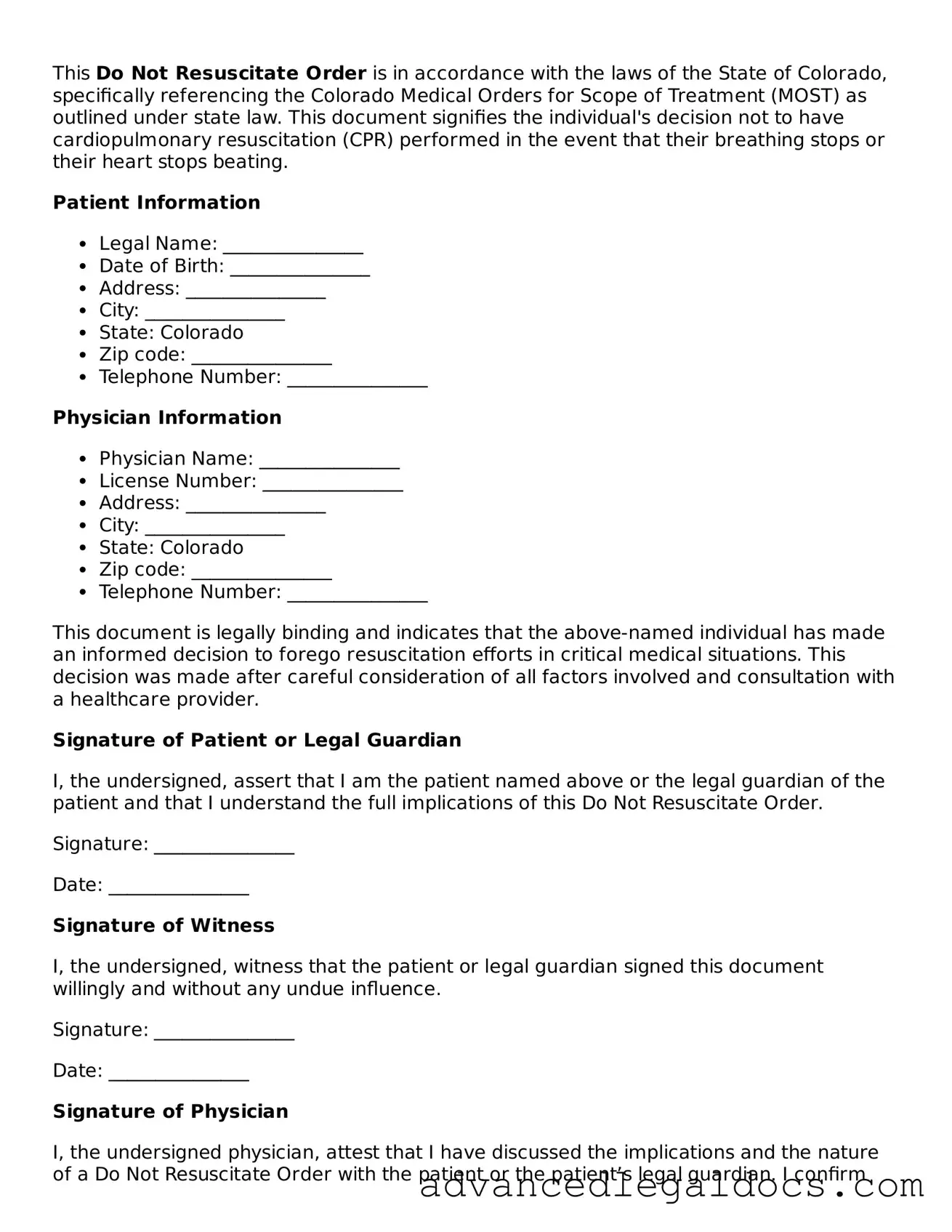 Fillable Do Not Resuscitate Order Form for Colorado State
