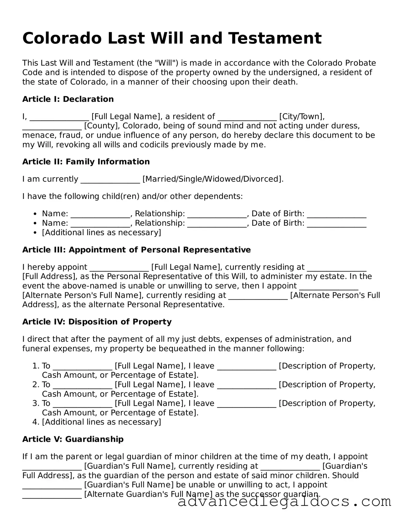 Fillable Last Will and Testament Form for Colorado State