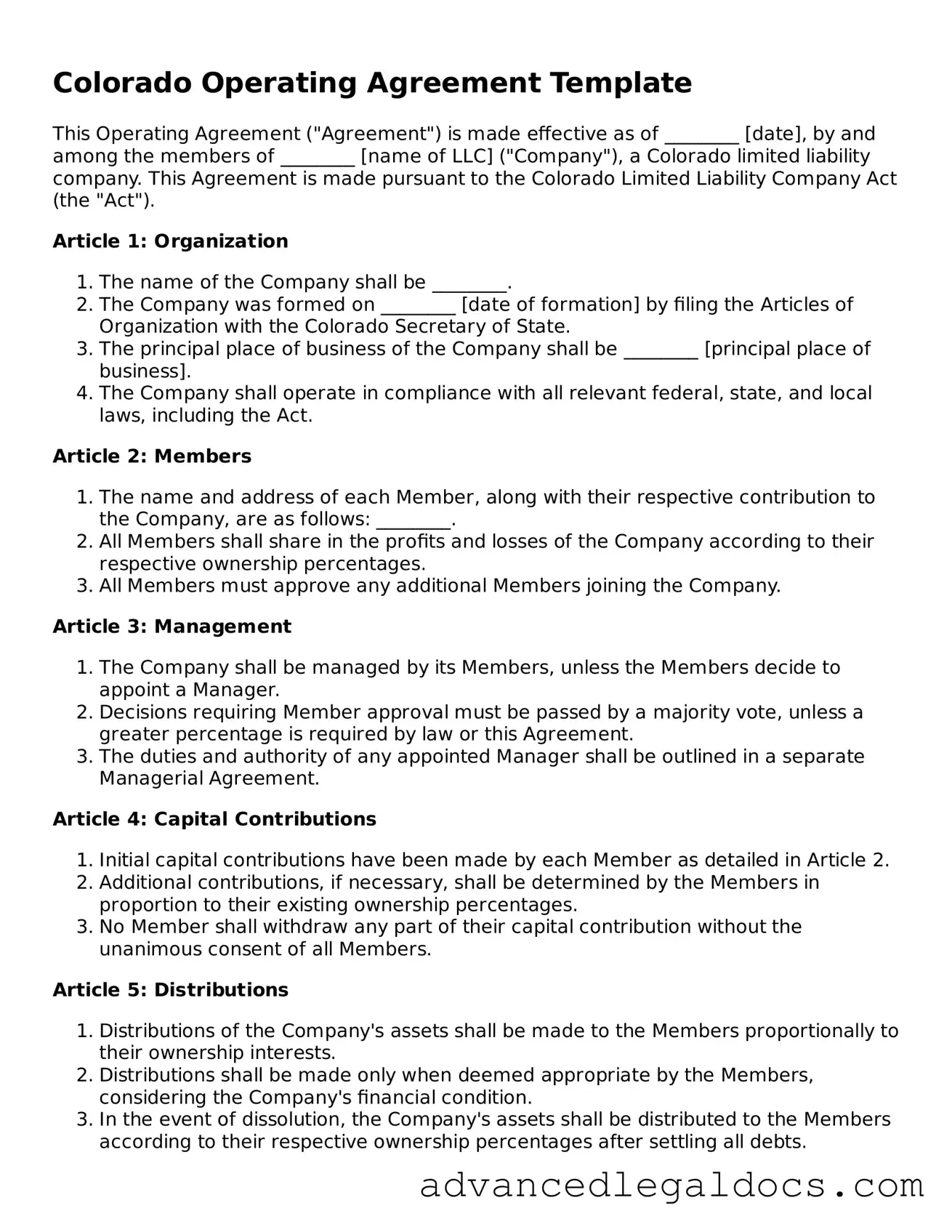 Fillable Operating Agreement Form for Colorado State