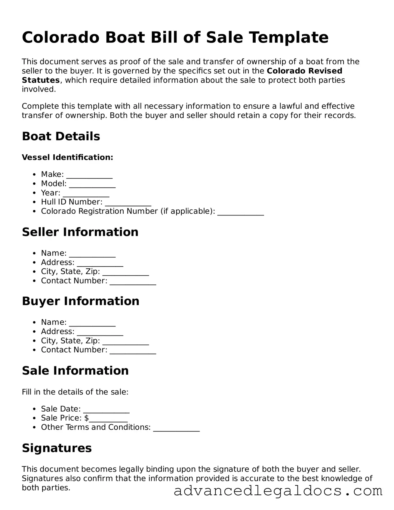 Fillable Boat Bill of Sale Form for Colorado State