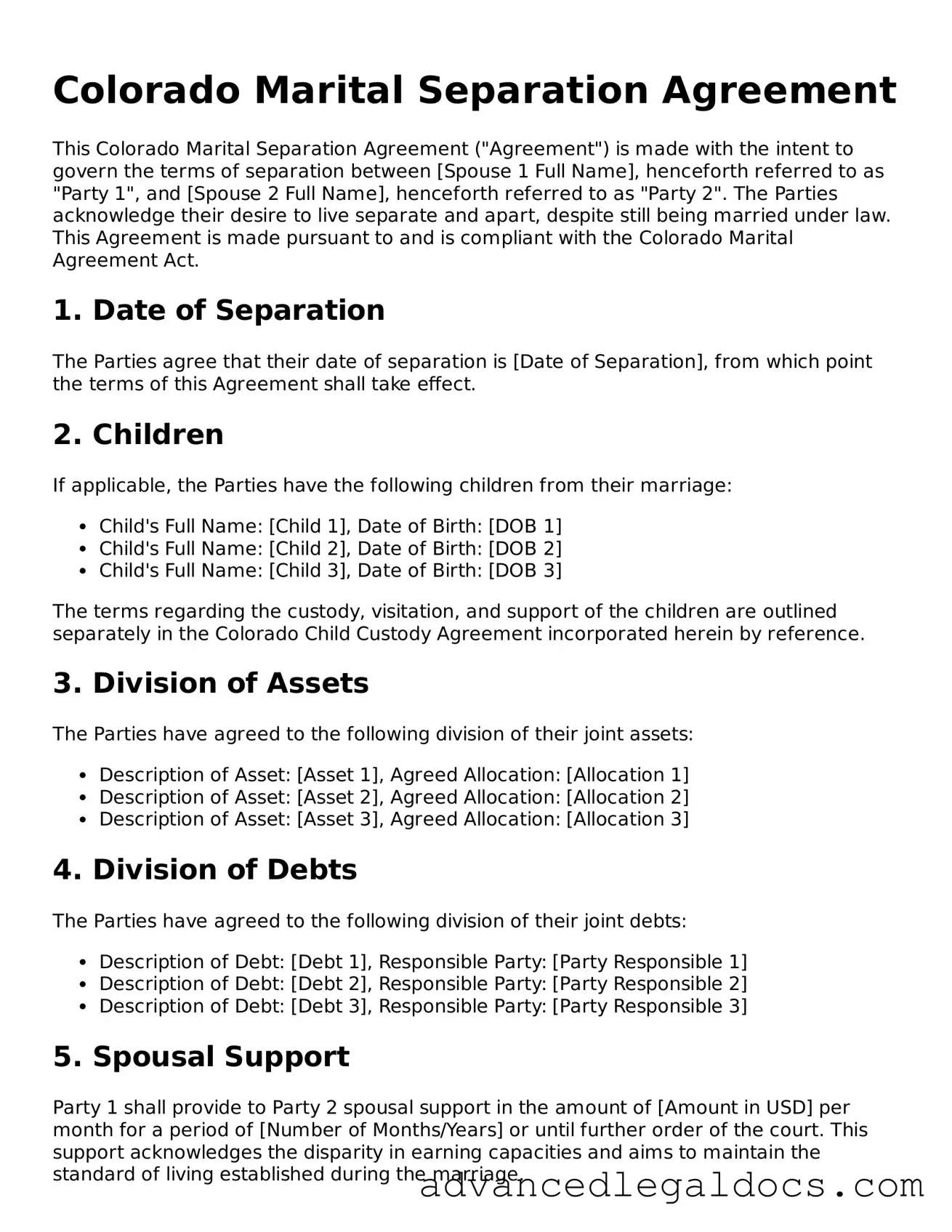 Fillable Marital Separation Agreement Form for Colorado State