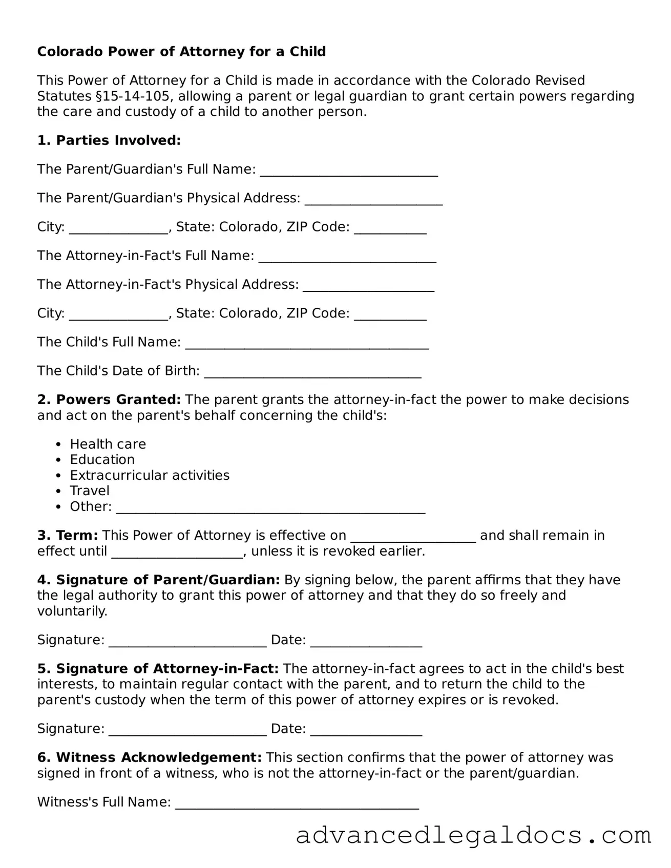 Fillable Power of Attorney for a Child Form for Colorado State