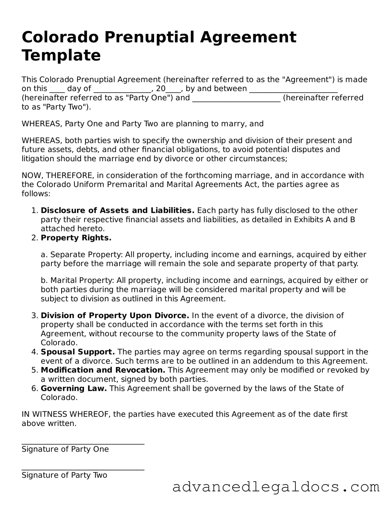 Fillable Prenuptial Agreement Form for Colorado State
