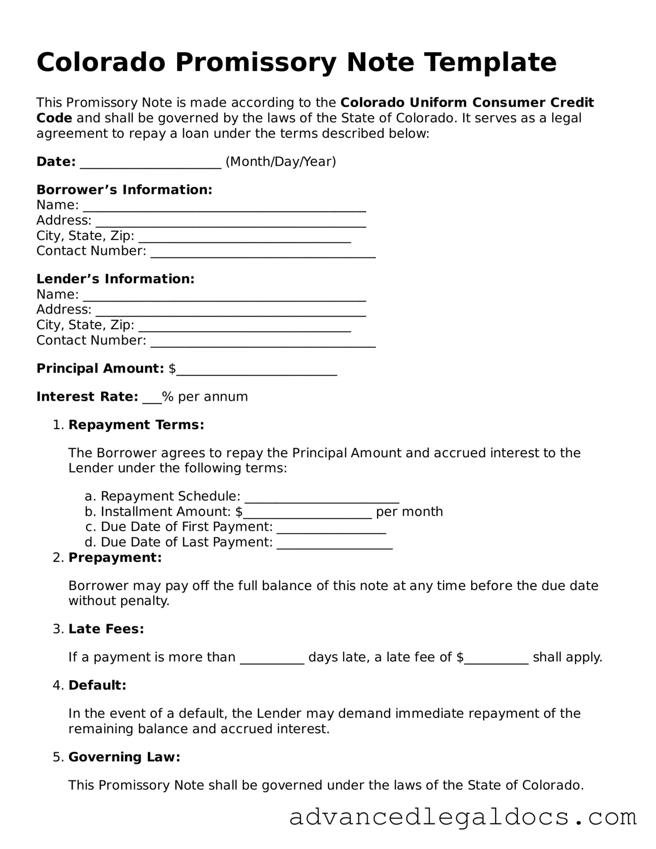 Fillable Promissory Note Form for Colorado State