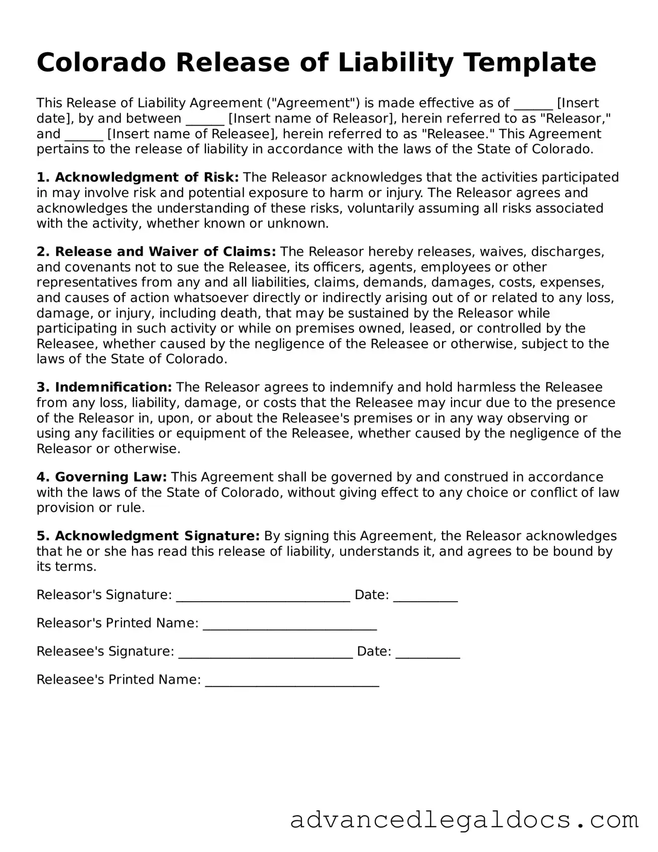 Fillable Release of Liability Form for Colorado State