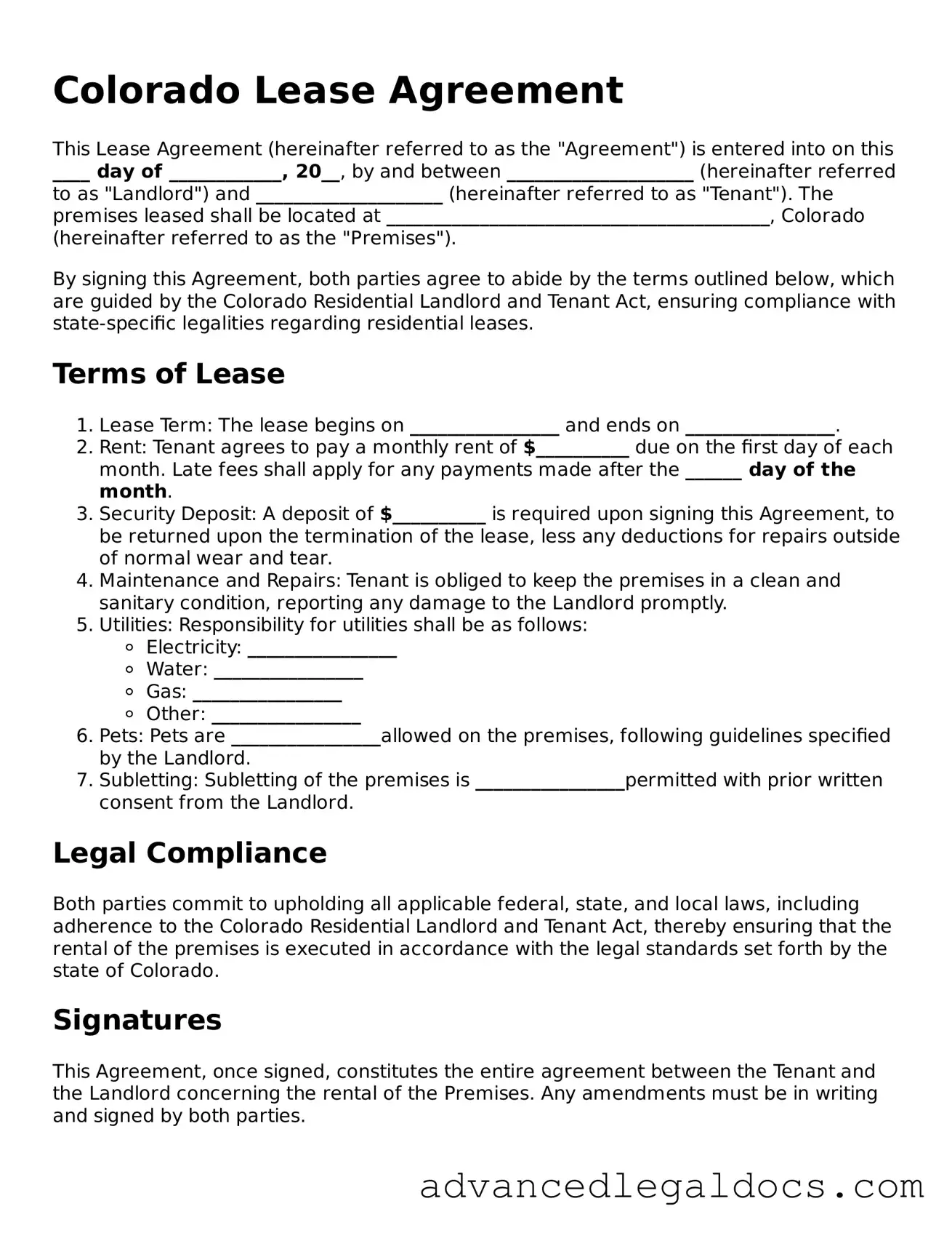 Fillable Lease Agreement Form for Colorado State