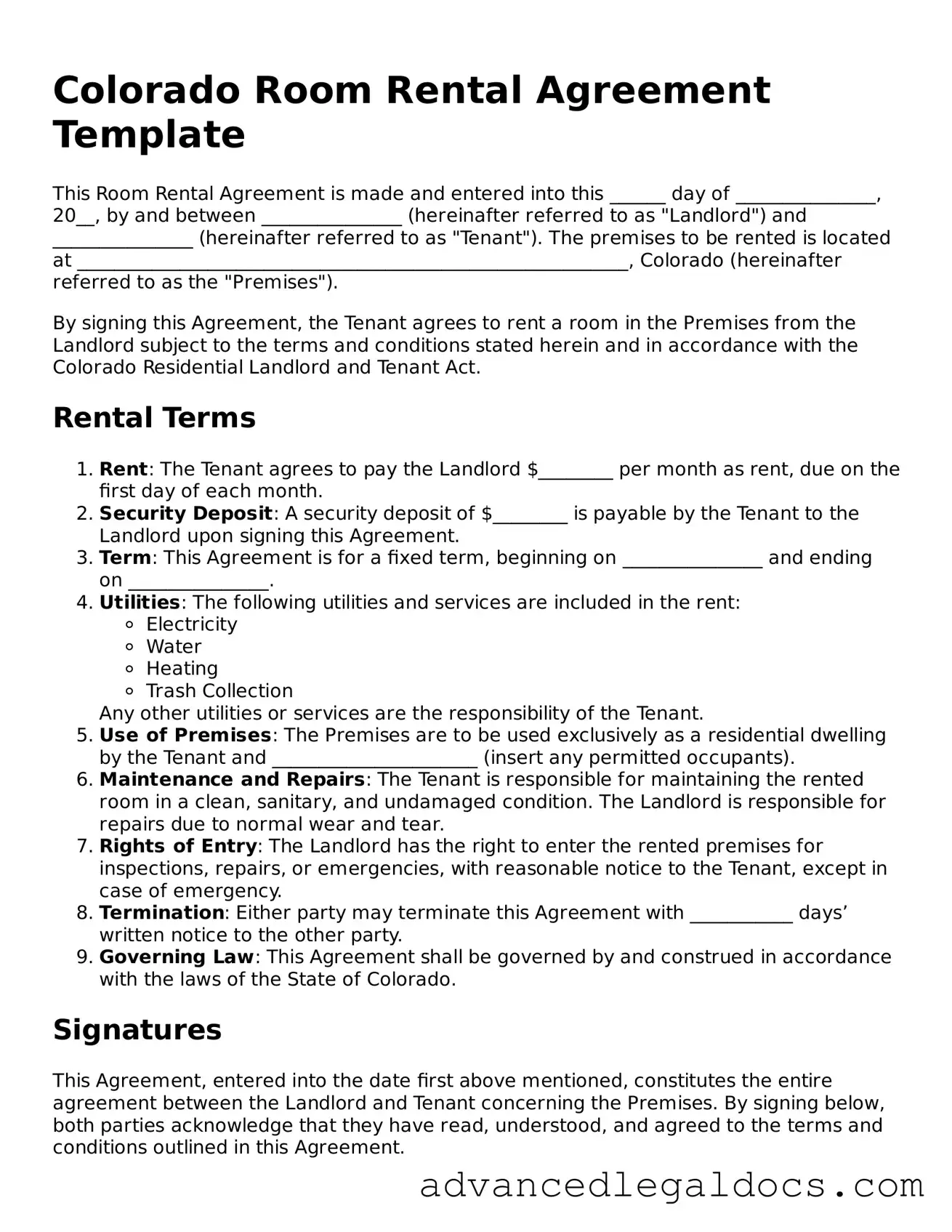 Fillable Room Rental Agreement Form for Colorado State