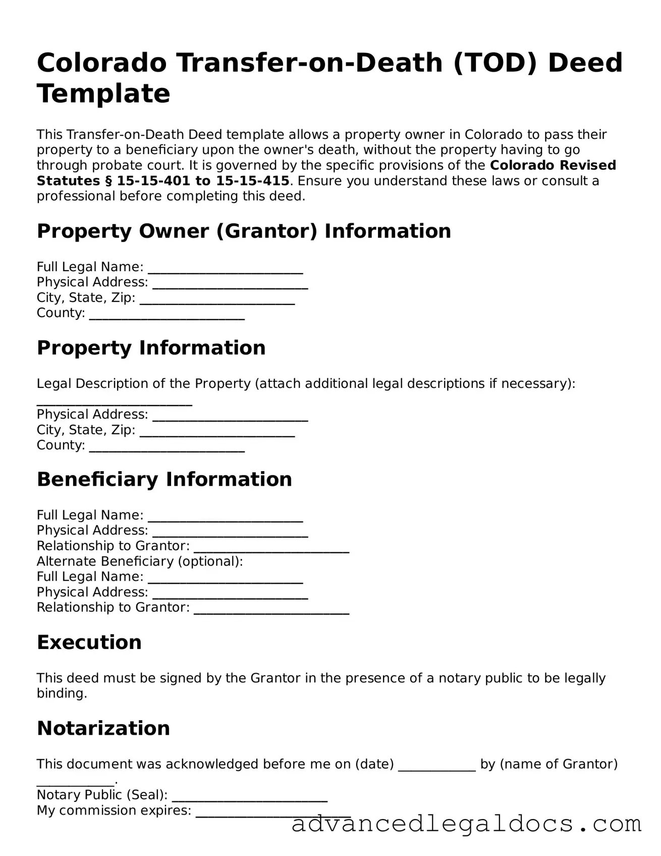 Fillable Transfer-on-Death Deed Form for Colorado State