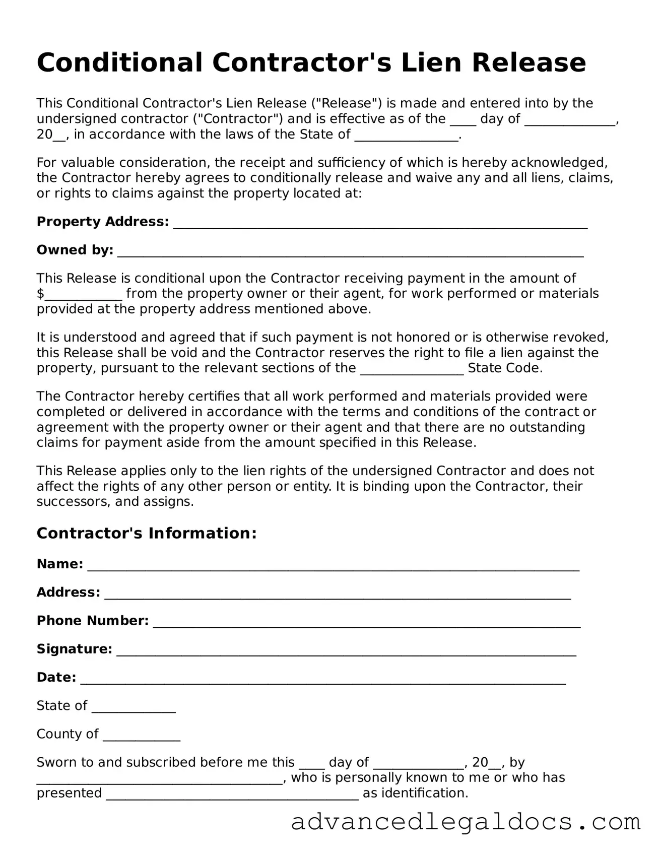 Blank Conditional Contractor’s Lien Release Template