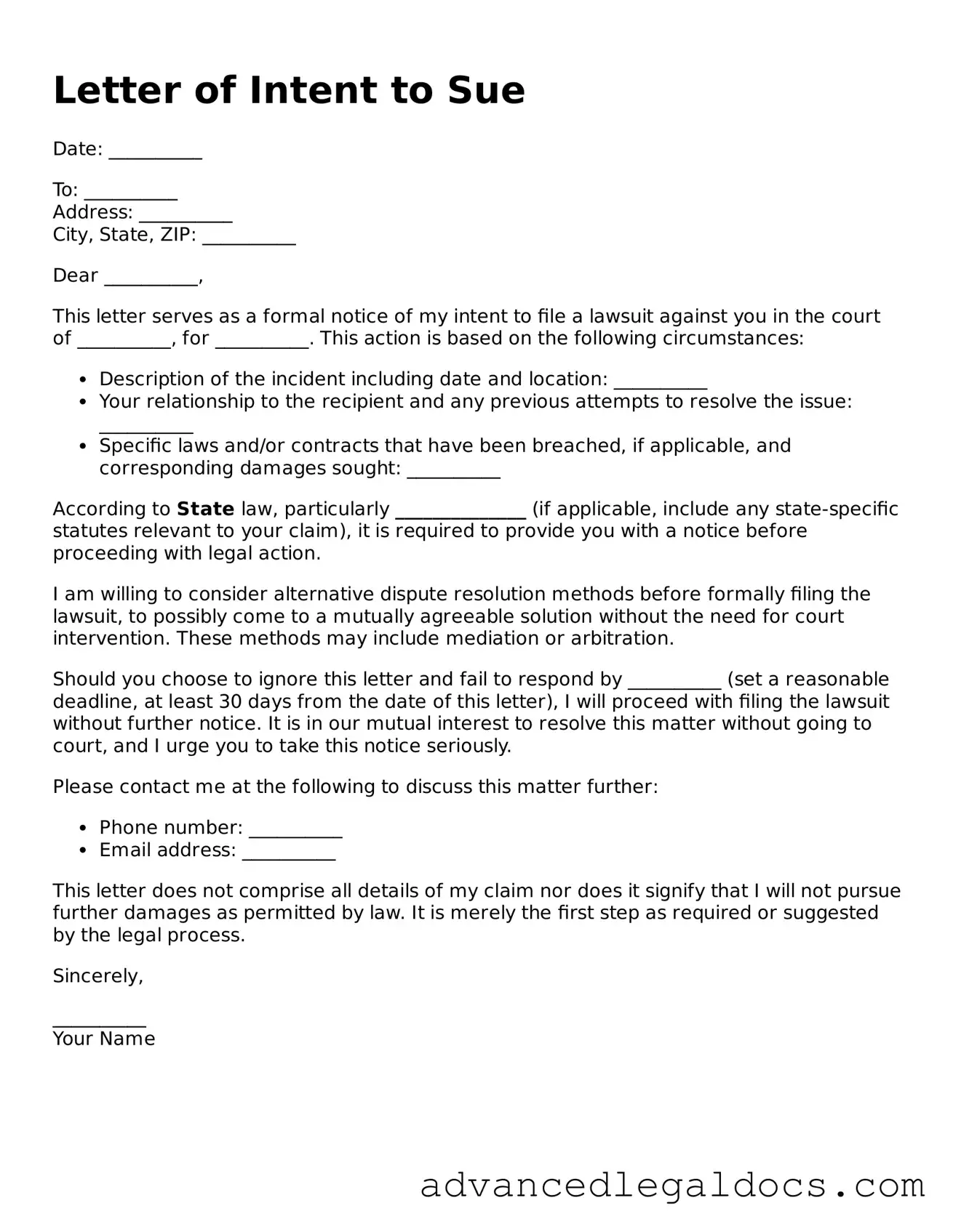 Blank Letter of Intent to Sue Template