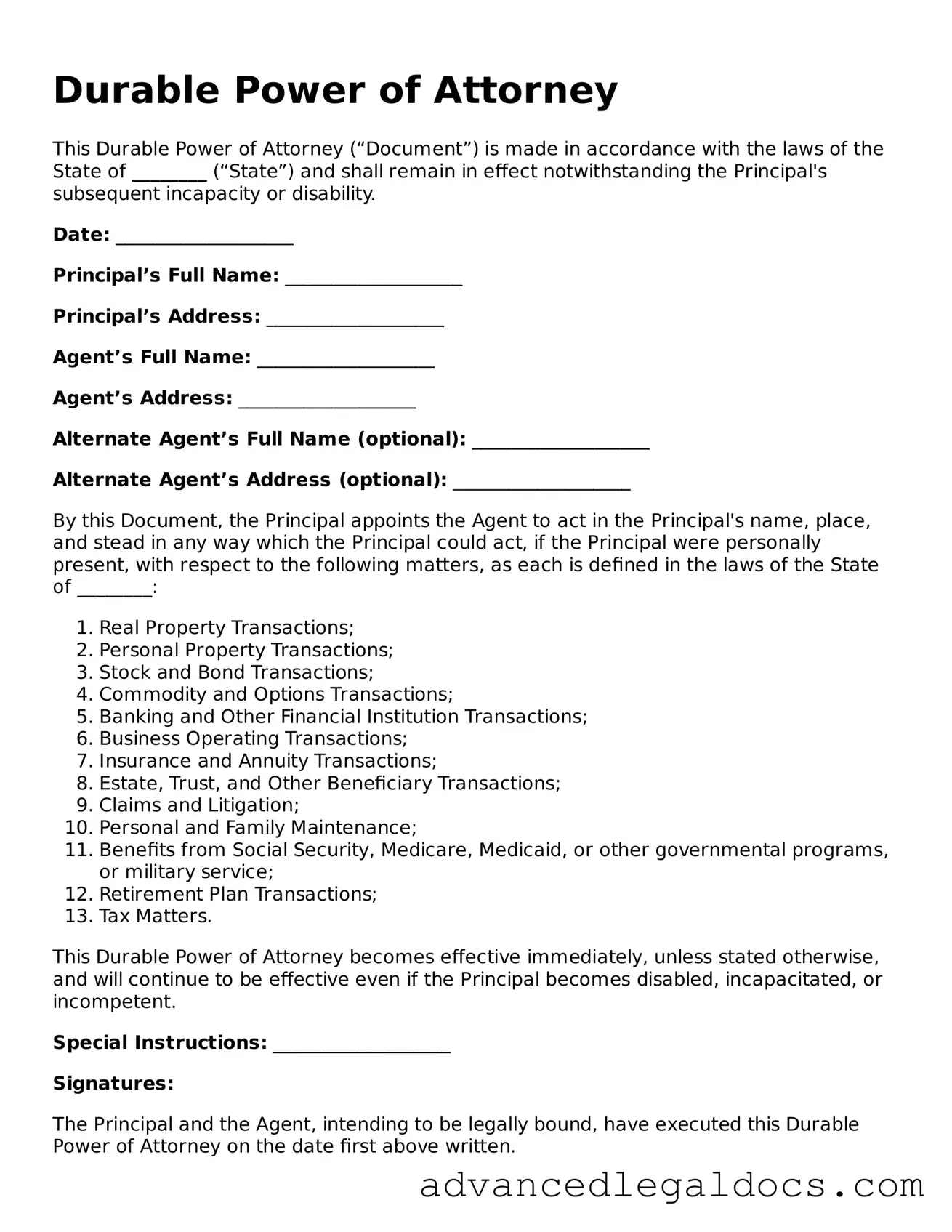 Blank Durable Power of Attorney Template