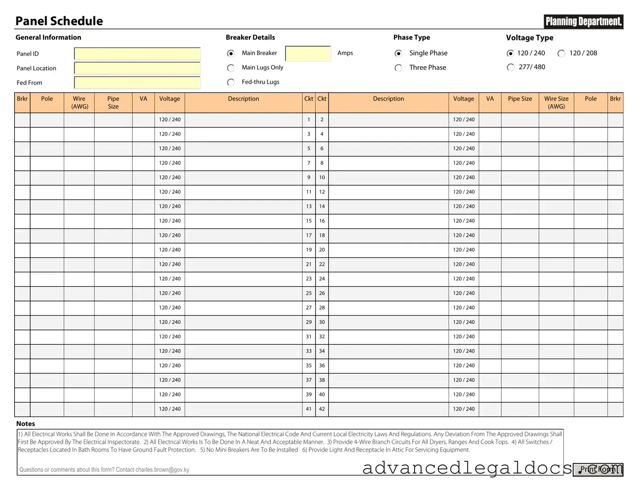 Fill Out Your Electrical Panel Schedule Form