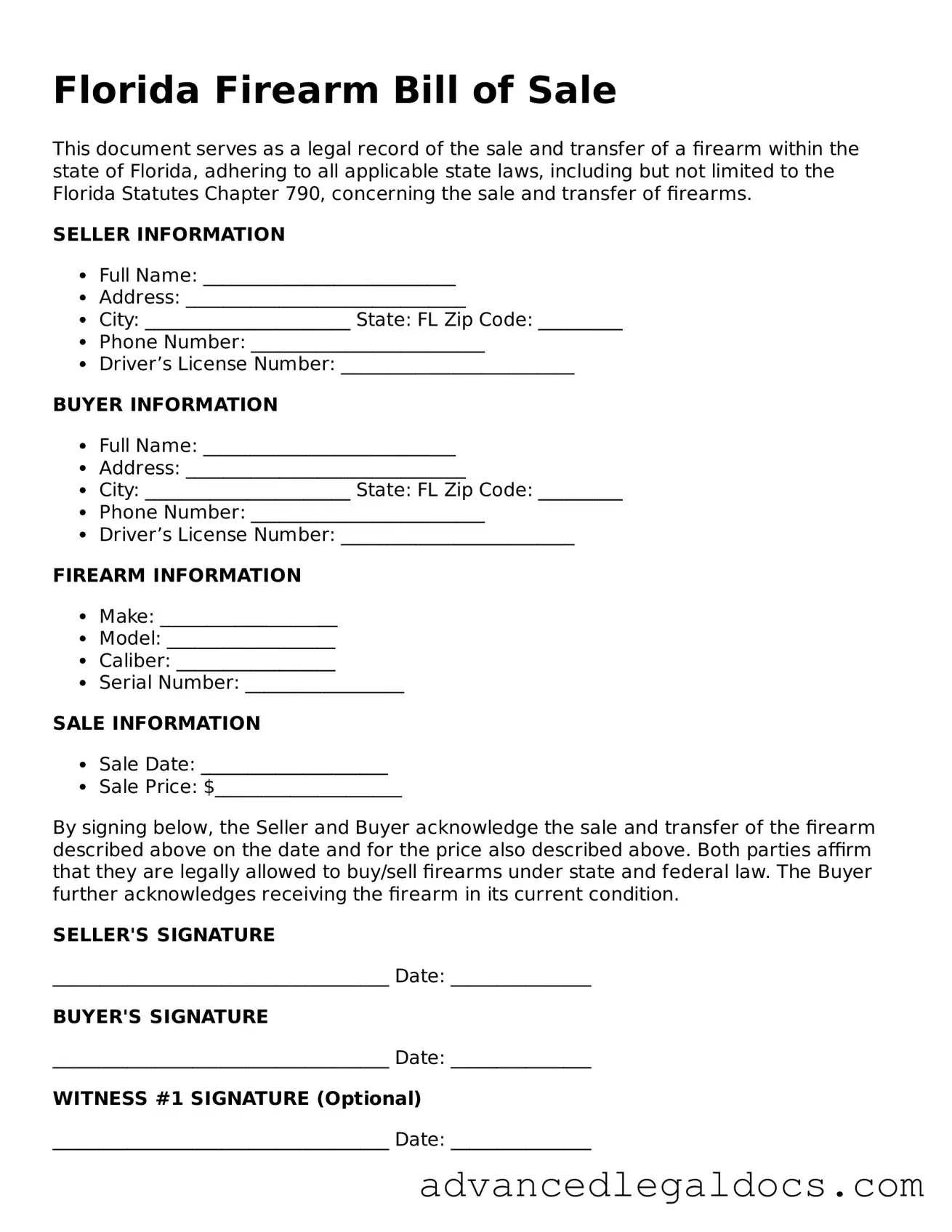 Fillable Firearm Bill of Sale Form for Florida State