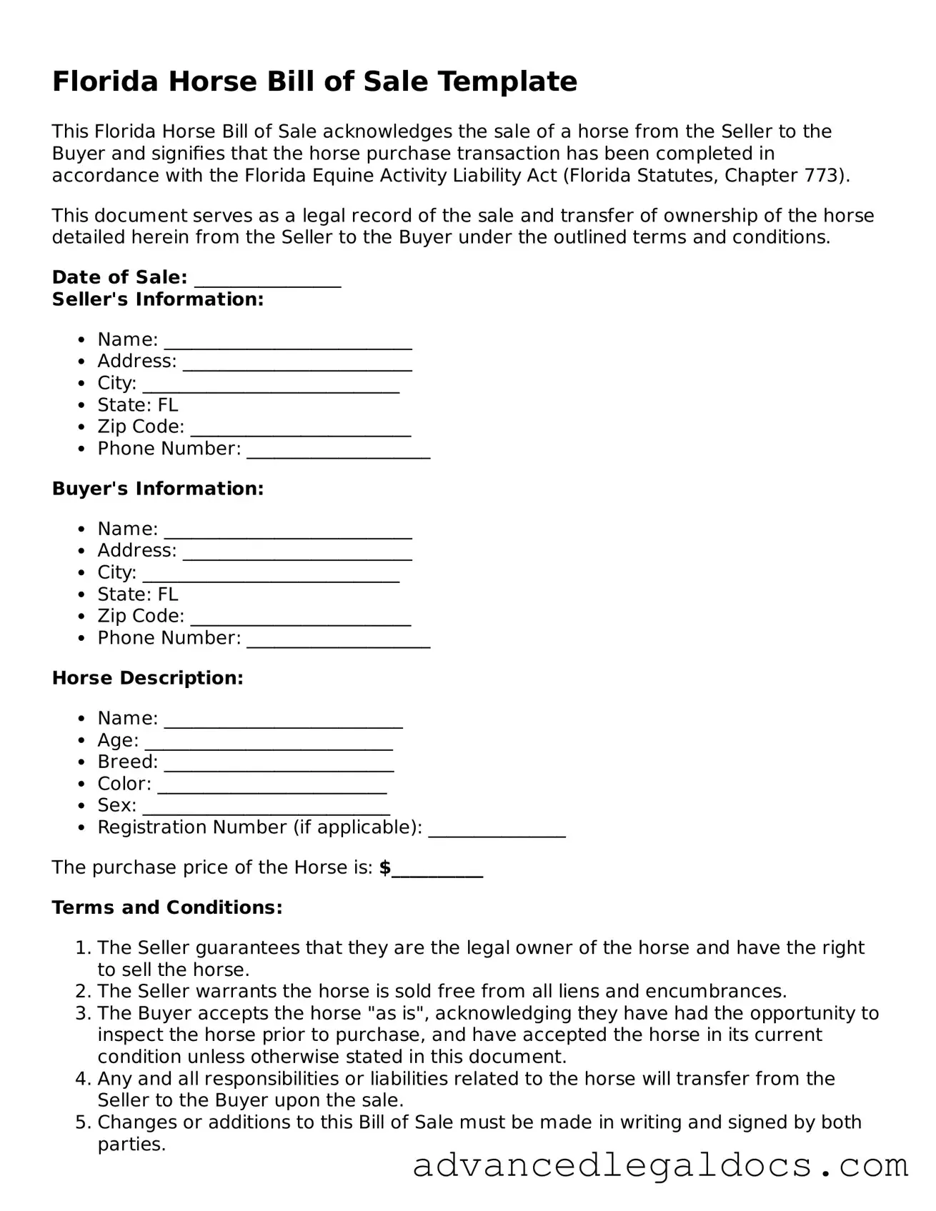 Fillable Horse Bill of Sale Form for Florida State