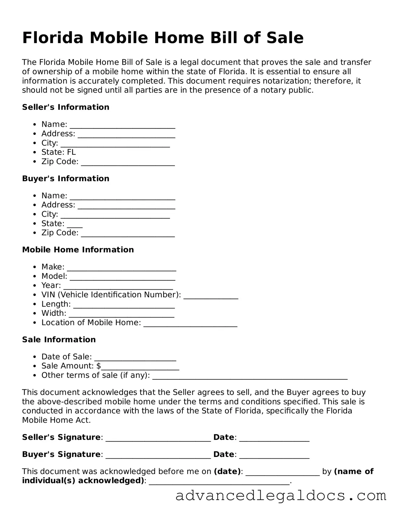 Fillable Mobile Home Bill of Sale Form for Florida State