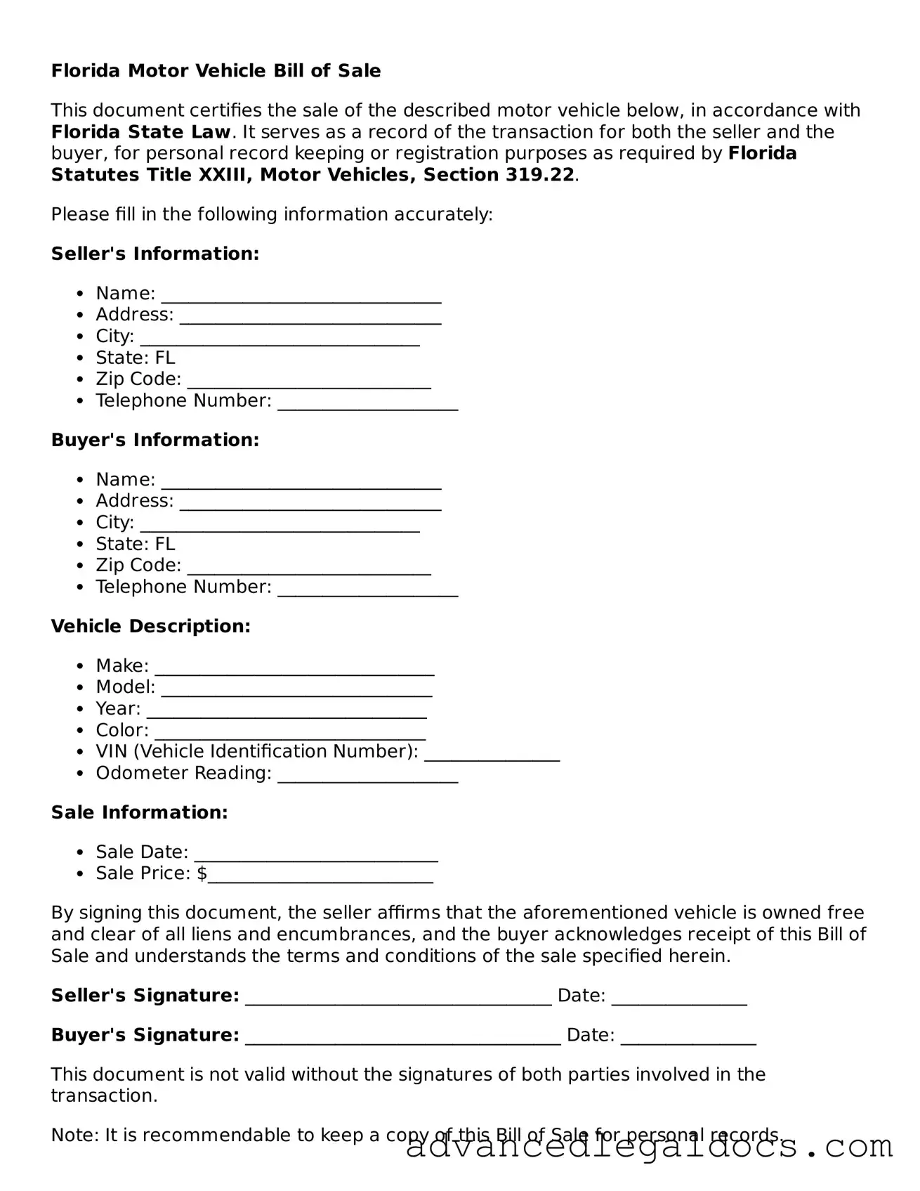 Fillable Motor Vehicle Bill of Sale Form for Florida State