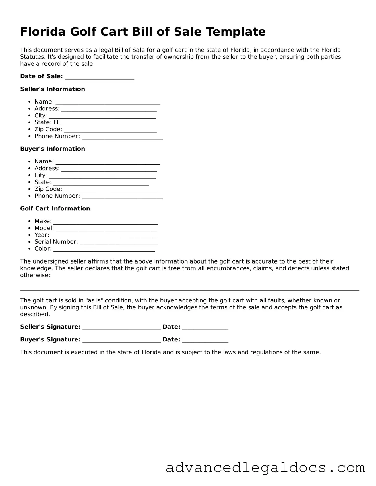 Fillable Golf Cart Bill of Sale Form for Florida State