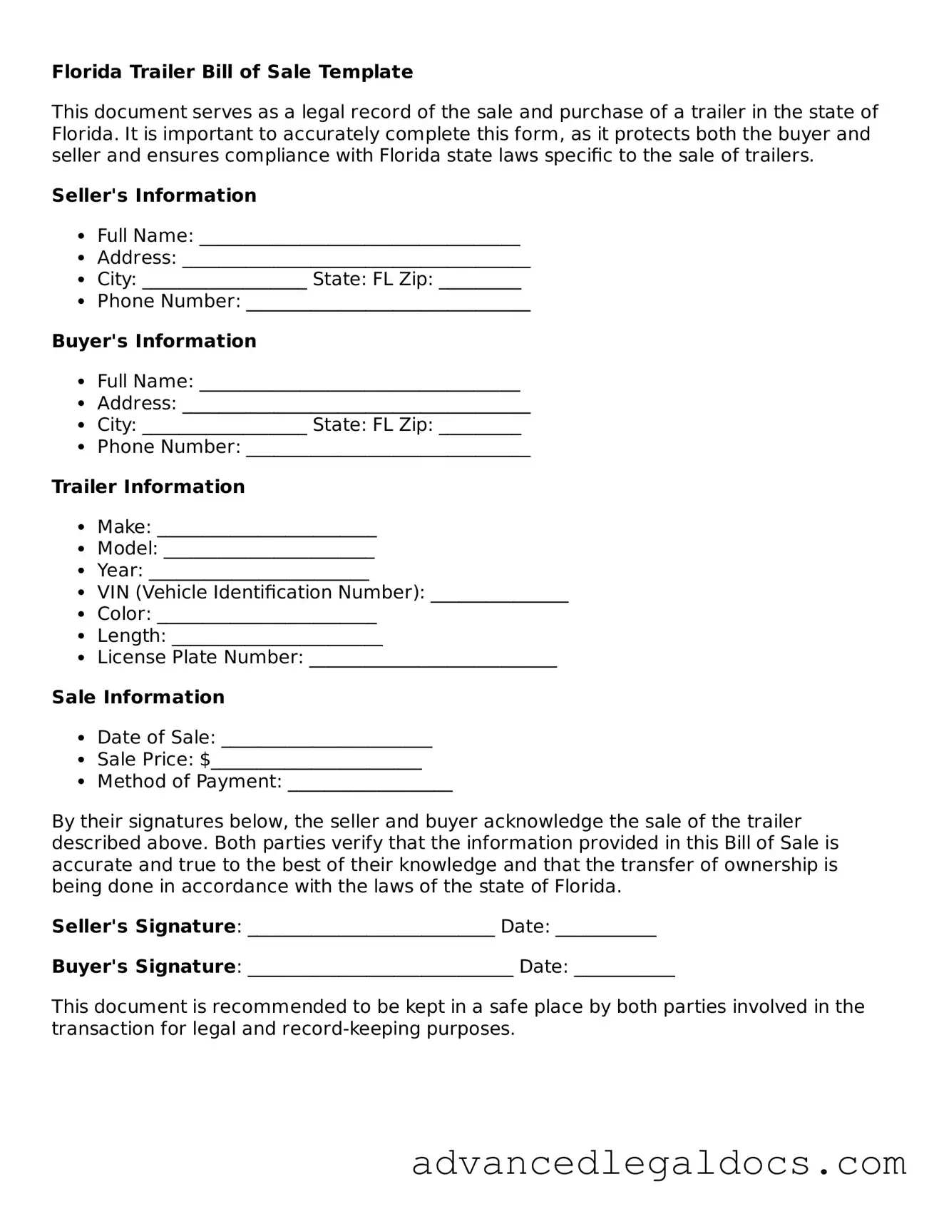 Fillable Trailer Bill of Sale Form for Florida State