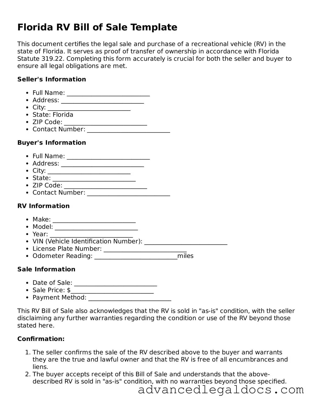 Fillable RV Bill of Sale Form for Florida State