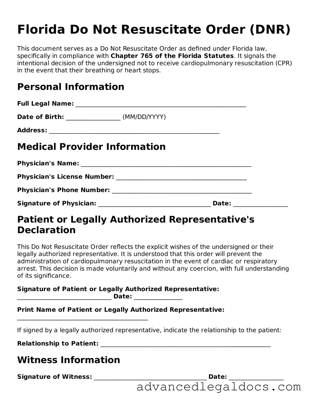 Fillable Do Not Resuscitate Order Form for Florida State