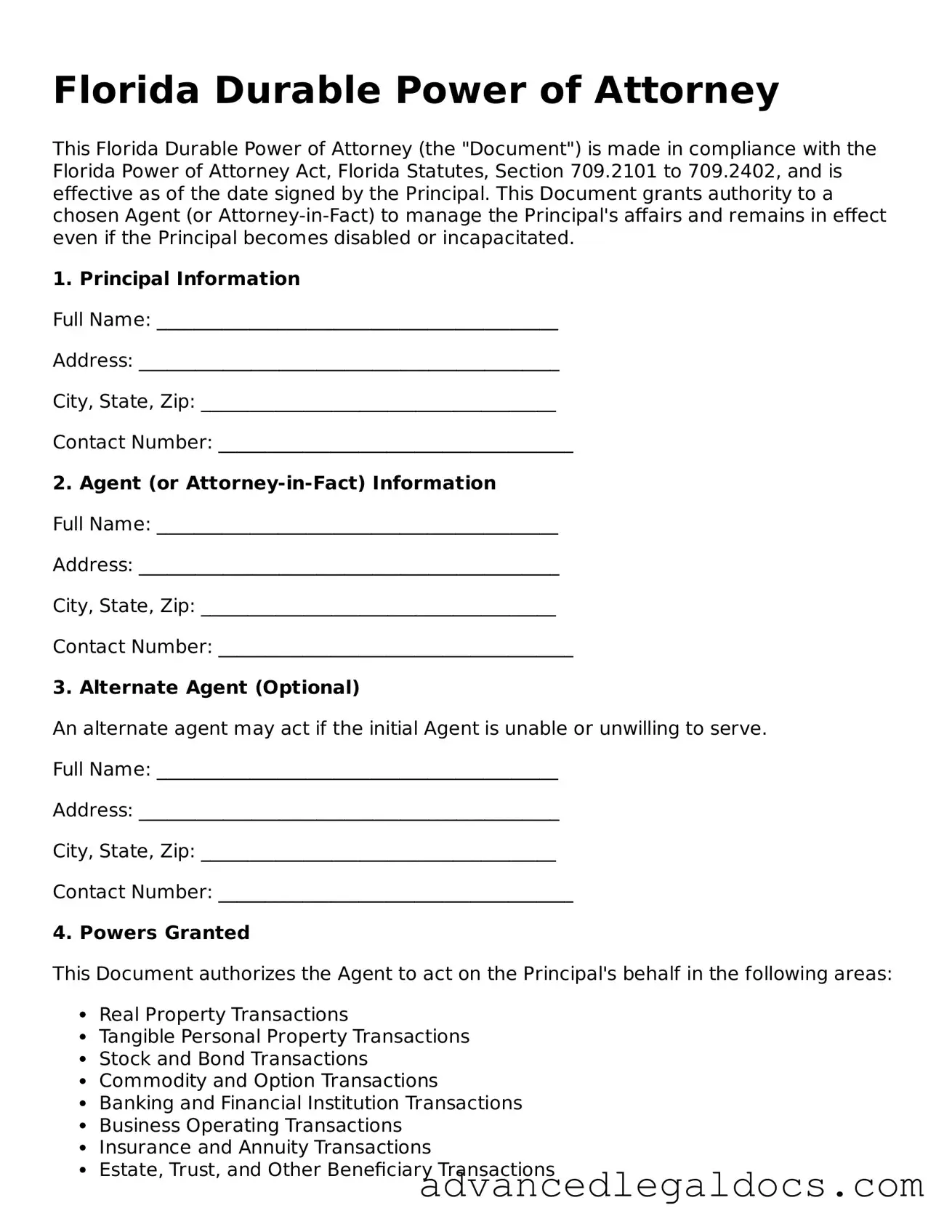 Fillable Durable Power of Attorney Form for Florida State