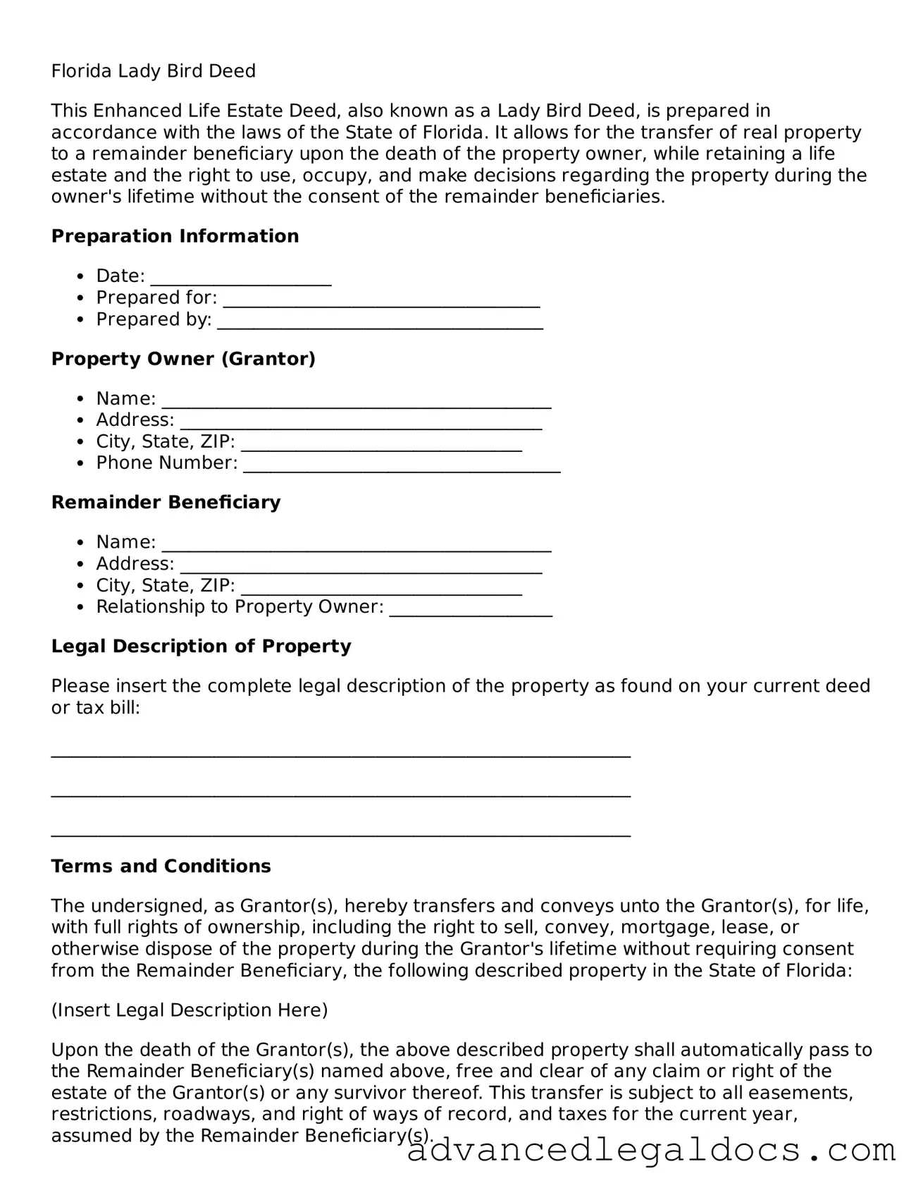 Fillable Lady Bird Deed Form for Florida State