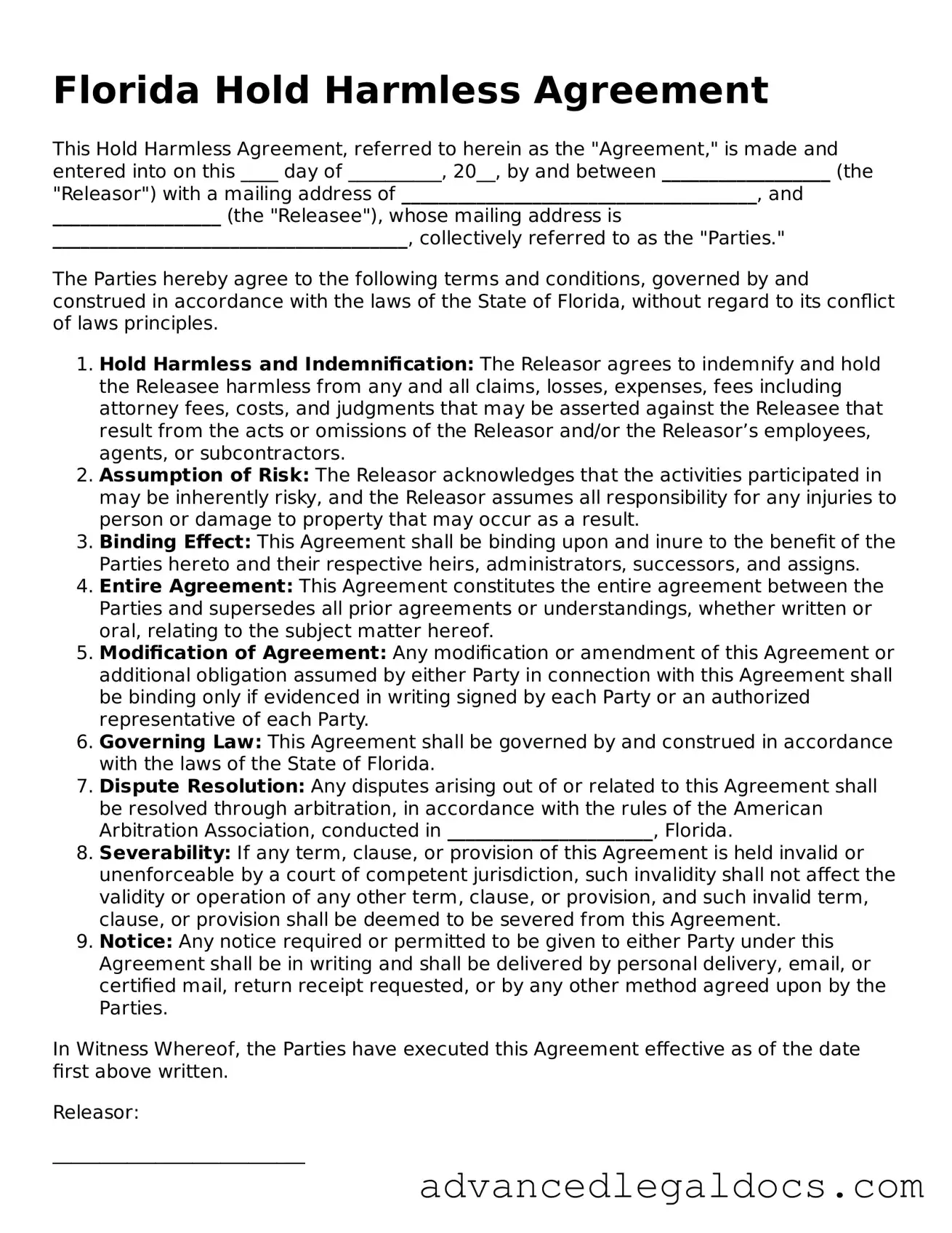 Fillable Hold Harmless Agreement Form for Florida State