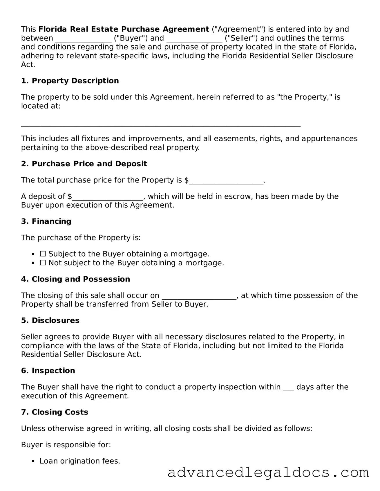 Fillable Real Estate Purchase Agreement Form for Florida State