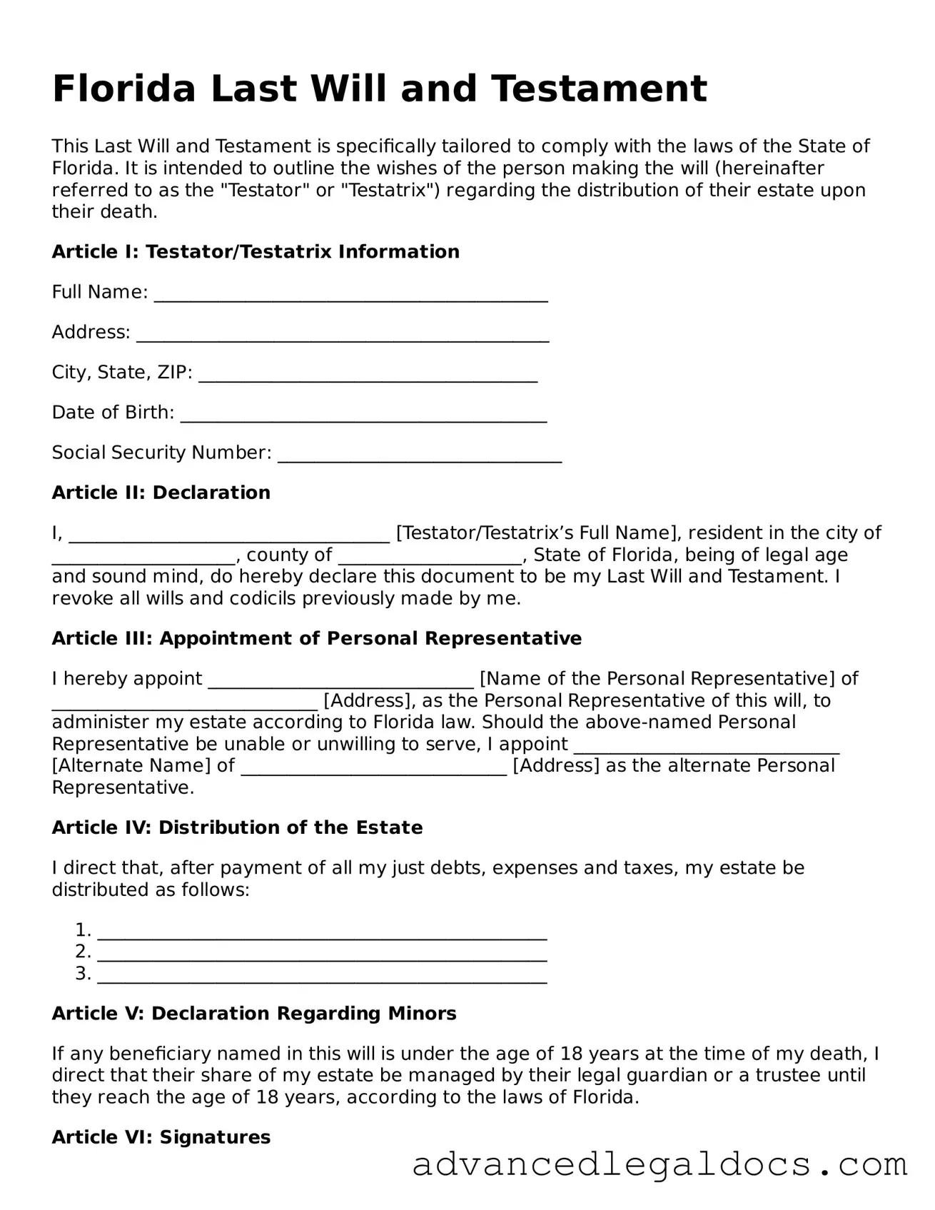 Fillable Last Will and Testament Form for Florida State