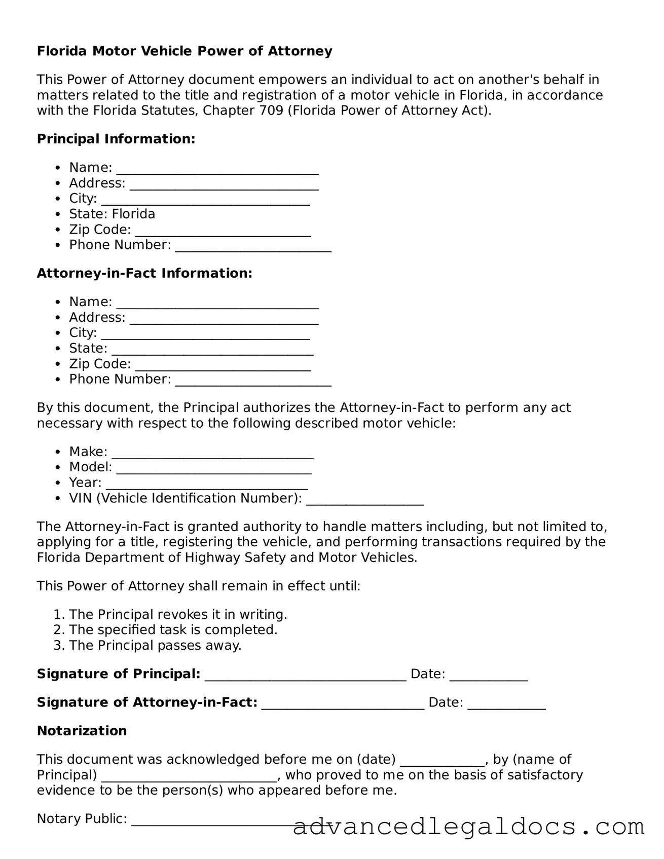 Fillable Motor Vehicle Power of Attorney Form for Florida State