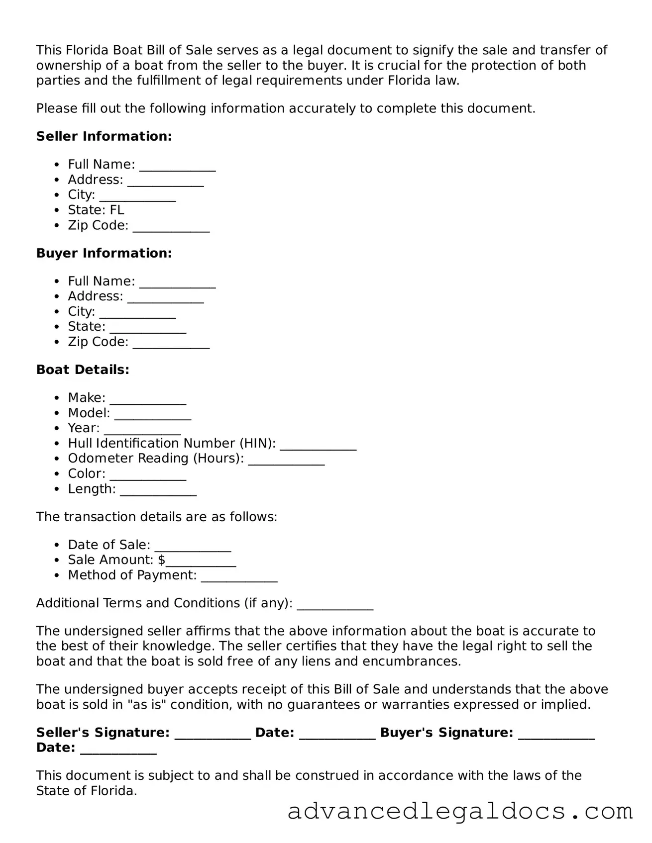 Fillable Boat Bill of Sale Form for Florida State