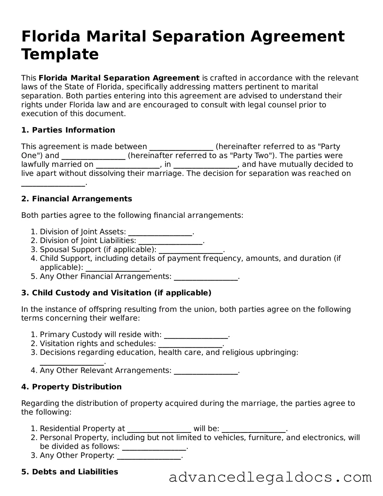 Fillable Marital Separation Agreement Form for Florida State